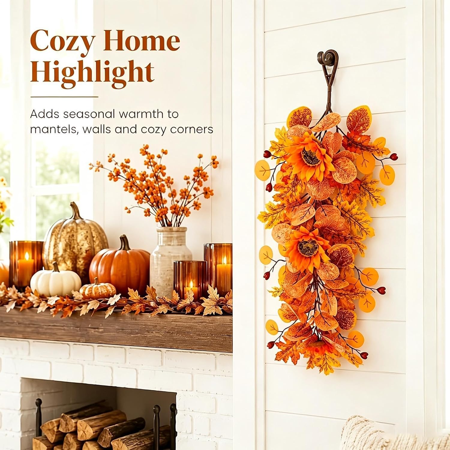 Fall Swag - Sunflower Maple Teardrop Wreath, Autumn Porch Ornament, Do