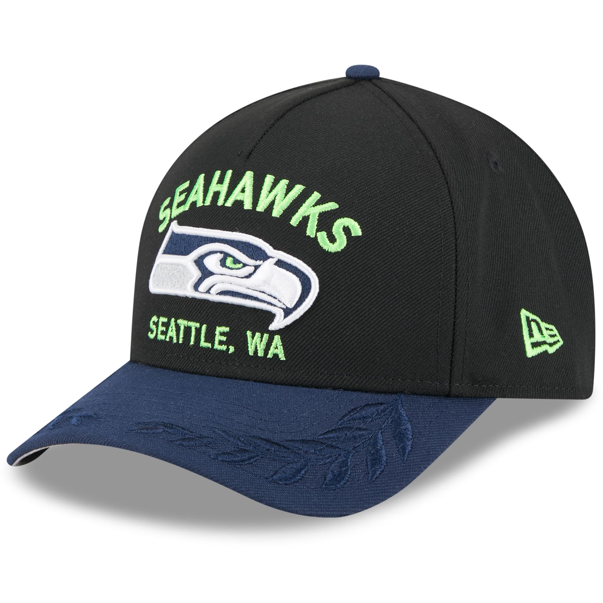 New Era Youth Black/College Navy Seattle Seahawks 2025 NFL Draft 9FORTY A-Frame M-Crown Adjustable Hat