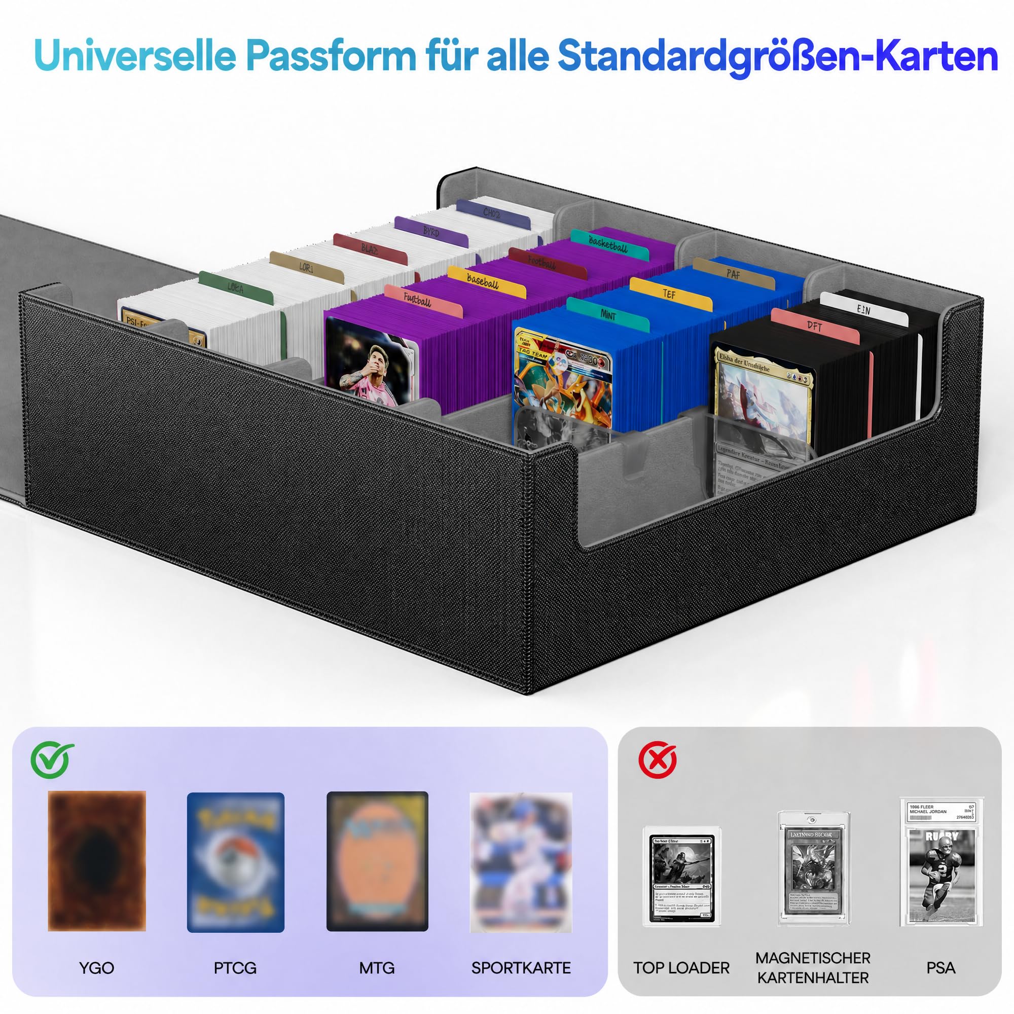 UAONO Kartenaufbewahrungsbox für Trading Cards, 2400+ MTG Commander Deck Box mit 24pcs bunten Teilern, Kartenetui passend für Magic TCG PTCG Spielkarten(schwarz und grau)