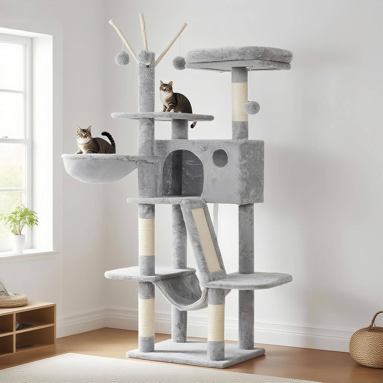 Hey-brother Cat Tree, 53 inch Cat Tower for Indoor Cats, Cat House with Padded Platform Bed, Toy Balls, Large Cozy Condo, Hammocks and Sisal Scratching Posts, Light Gray MPJ019-SW 53 Inch Light Gray