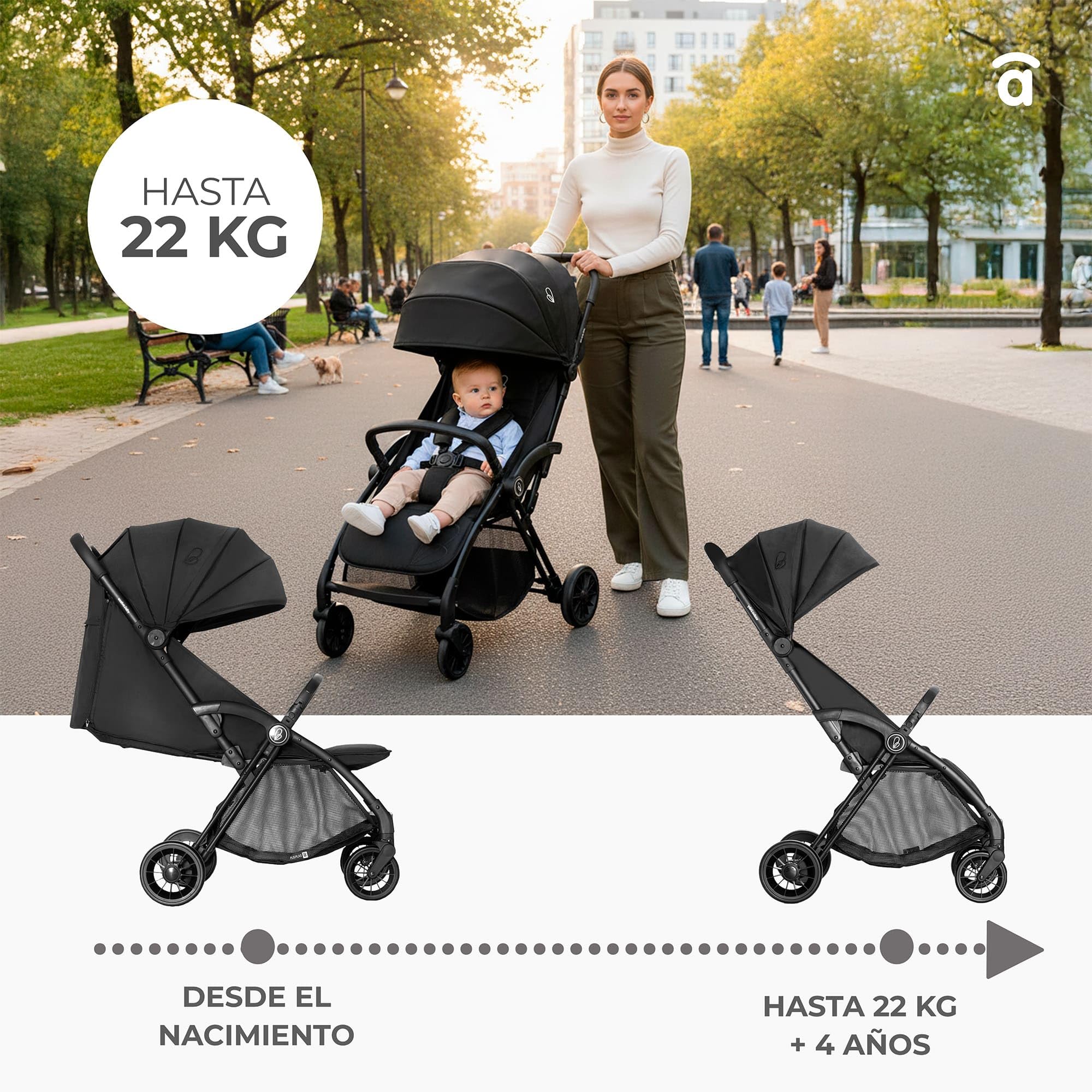 Silla de Paseo Ligera para Bebé desde Nacimiento, Carrito Bebé Plegado Automático con Una Mano, Capota UPF50+ con Ventana, Respaldo Reclinable y Suspensión – Asalvo PLIS PLAS Dorado