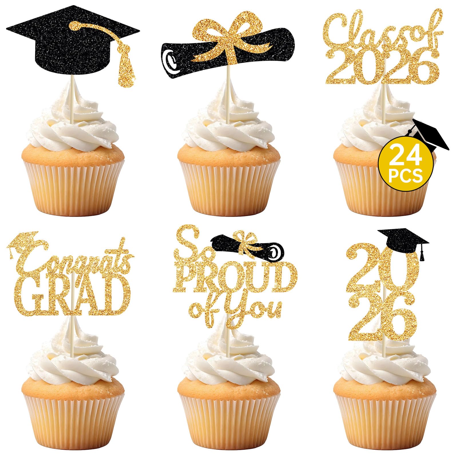 Photo 1 of 24 Pcs Graduation Cupcake Toppers 2026 - Congrats Grad Decorations Class of 2026, Pre-Assembled Black Gold Grad Cake Topper Centerpieces for Graduation Party Decoration Supplies Table Decor, 6 Styles