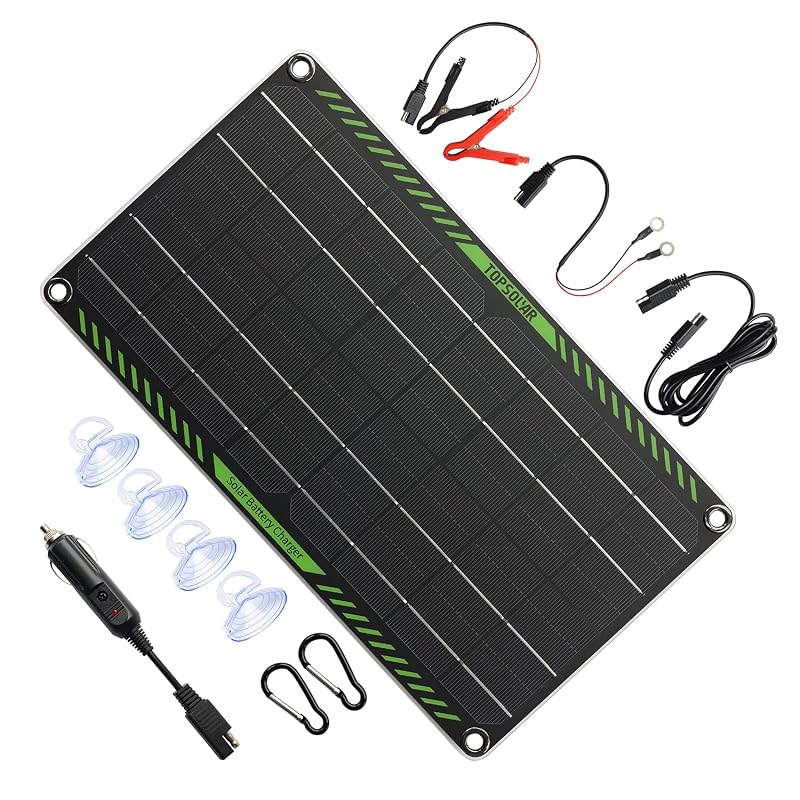 Topsolar Carregador Solar de Bateria 10 W 12 V com Manutenção de Carga, Plugue para Acendedor e Garra Jacaré