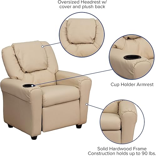 Miniatura 85 de EMMA + OLIVER Sillón reclinable infantil LeatherSoft marrón con portavasos y reposacabezas Piel suave de color café.,Vinilo beige.,negro, cuero,