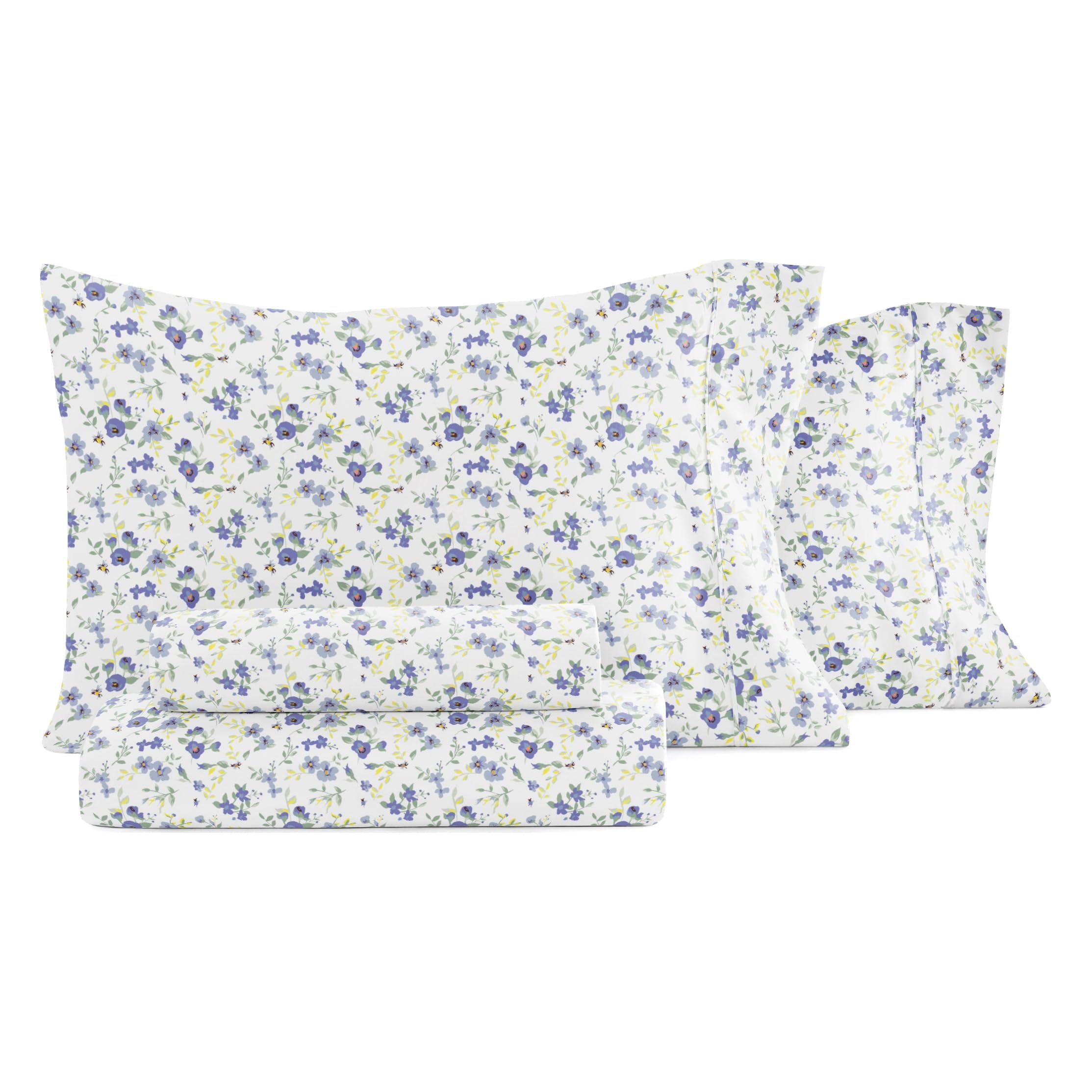 Linen Market 4피스 퀸 시트 세트 - 통기성, 더블 브러시 패턴 쿨링 시트 - 매우 부드럽고 주름 방지 40.6cm(16인치) 딥 포켓 퀸 시트 - 관리가 쉬운 블로썸 라이트 블루