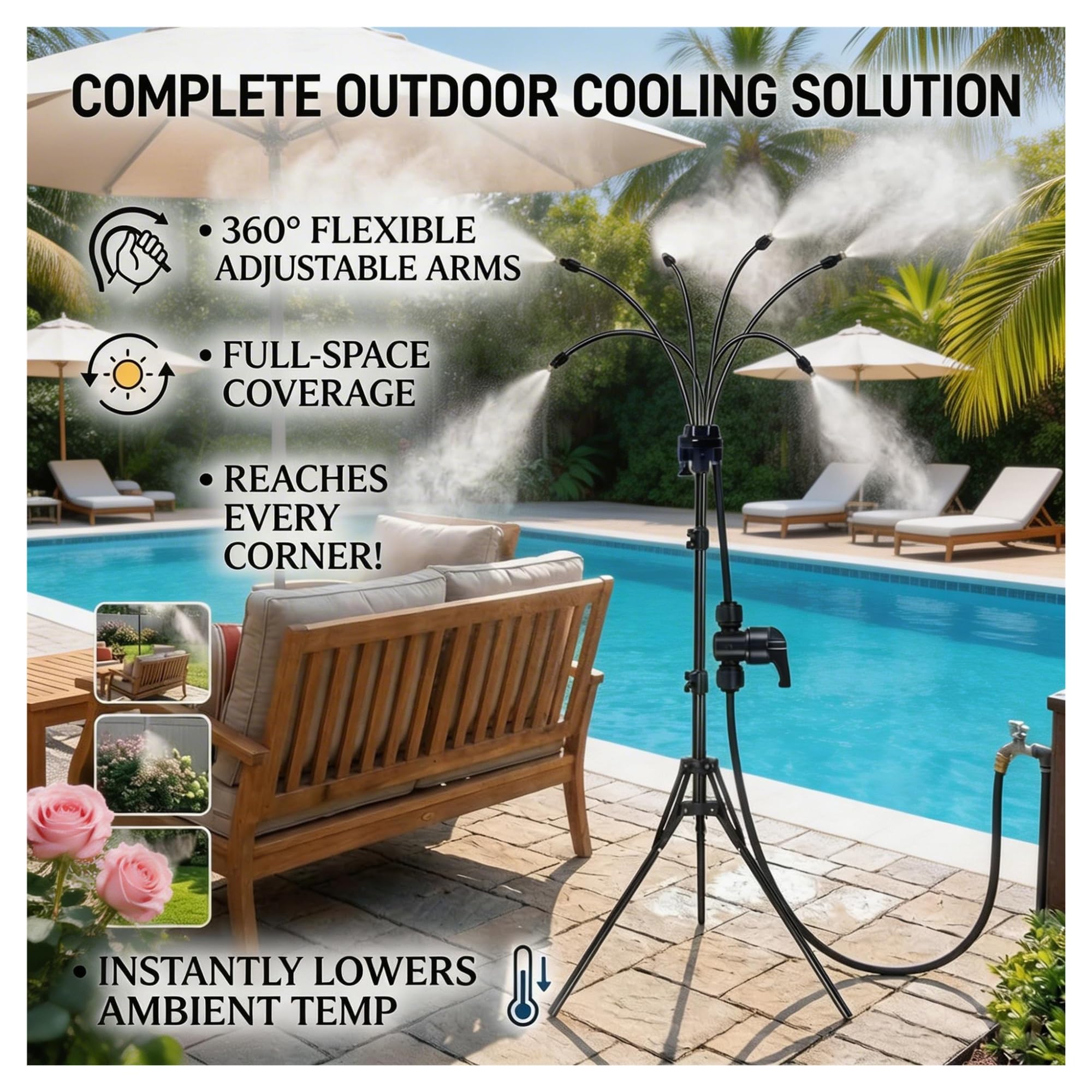 SprüHnebel KüHlung Stehend, SprüHnebel Terrasse, KüHlung System Wassernebel, Mit 8m Wasserleitung,HöHenverstellbar, 4 MessingdüSen,SprüHnebelanlage FüR Pool, Terrasse Haustiere, GartenbewäSserung 、A
