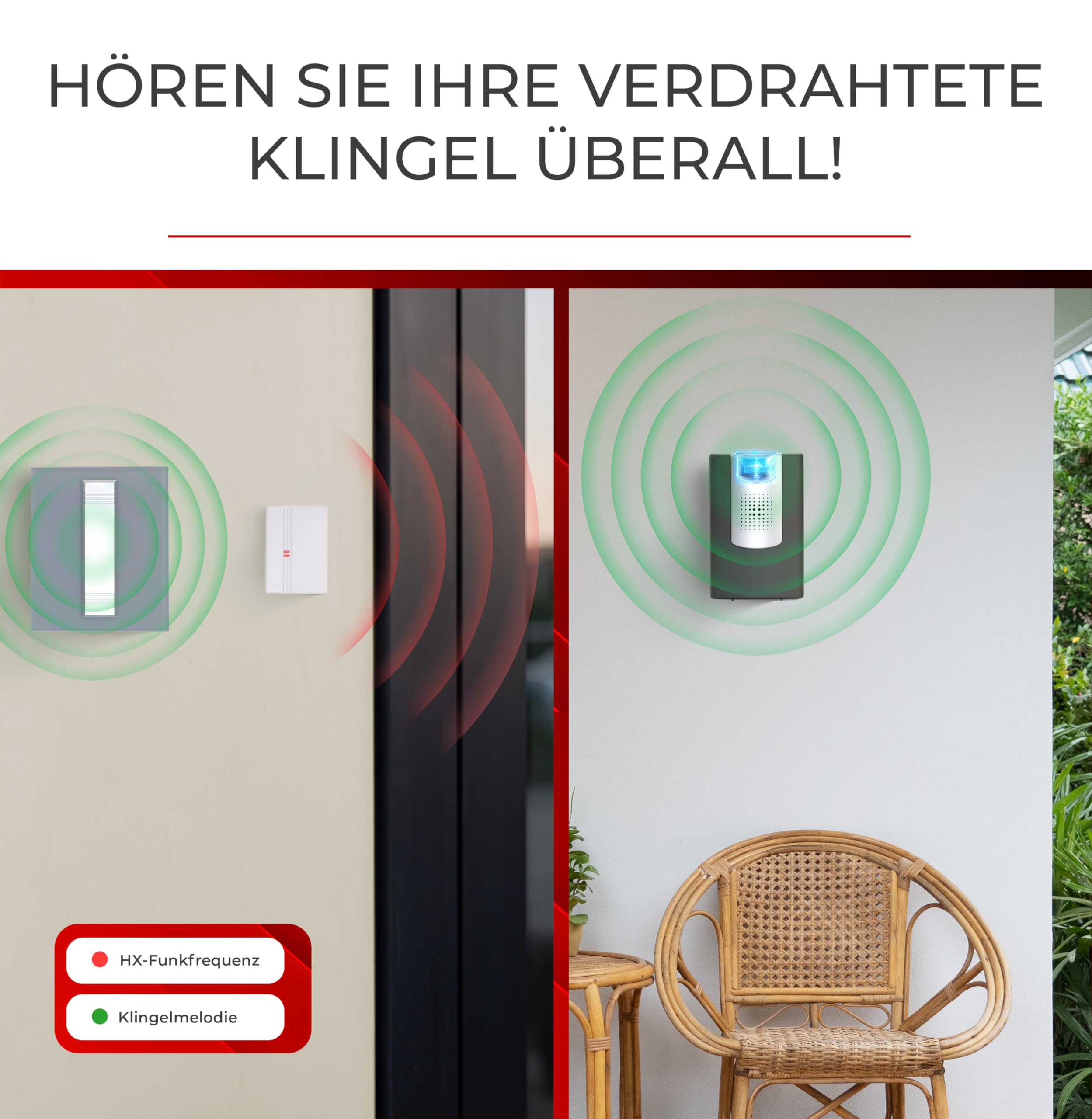 Heidemann Funkgong Set HX Action (max. Reichweite 150 m, Lautstärke 4-stufig regulierbar 90 dB, 8 Melodien einstellbar, Klingel, inkl. Sender + Empfänger) 70835