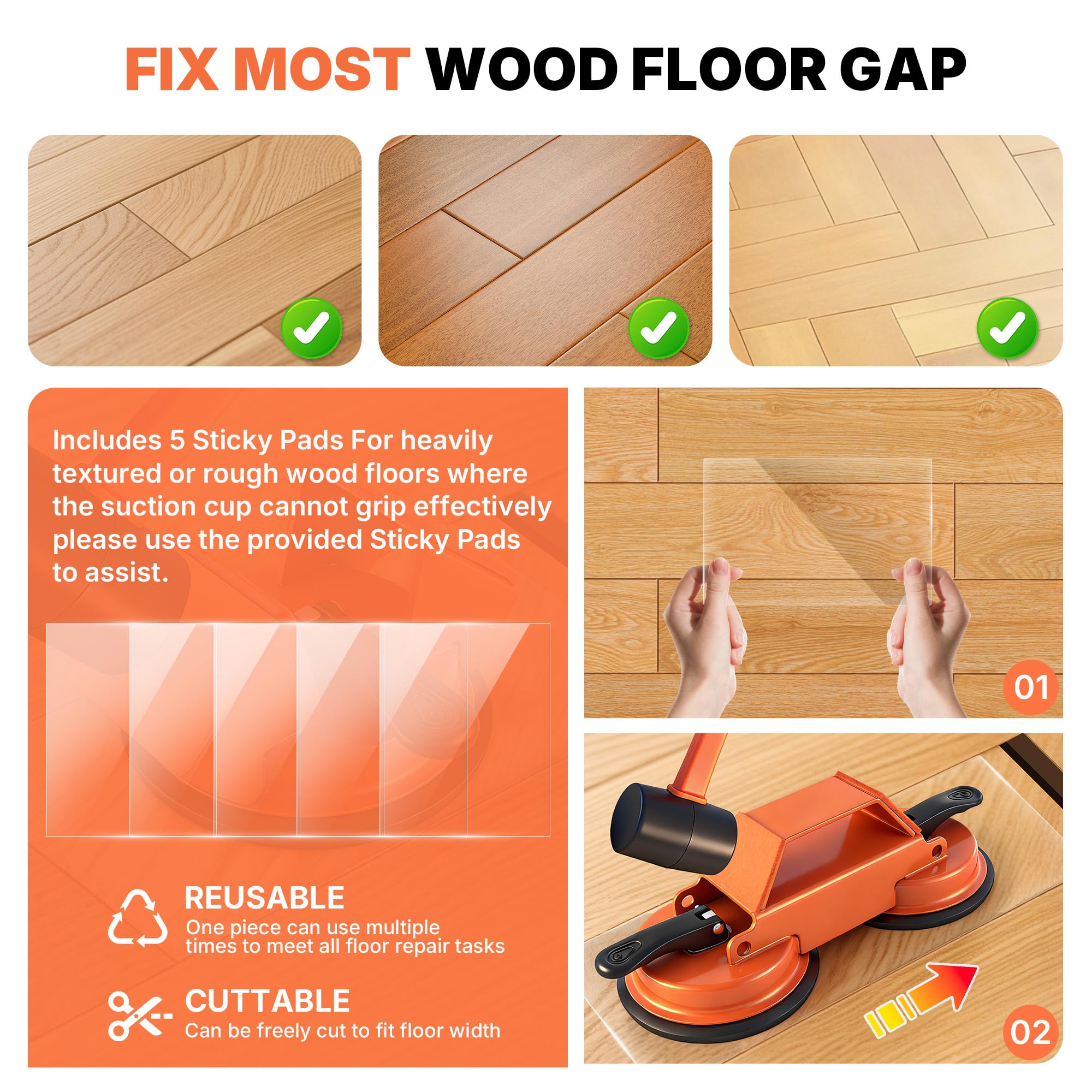 Floor Gap Fixer Tool Heavy Duty 45°Striking Surface Floor Gap Repair Tool Made of Iron & Enhanced Suction Cup with Slot Cutter, Hammer and 5pcs Sticky Pads for Fixer Laminate/Vinyl Flooring Tools — view 7