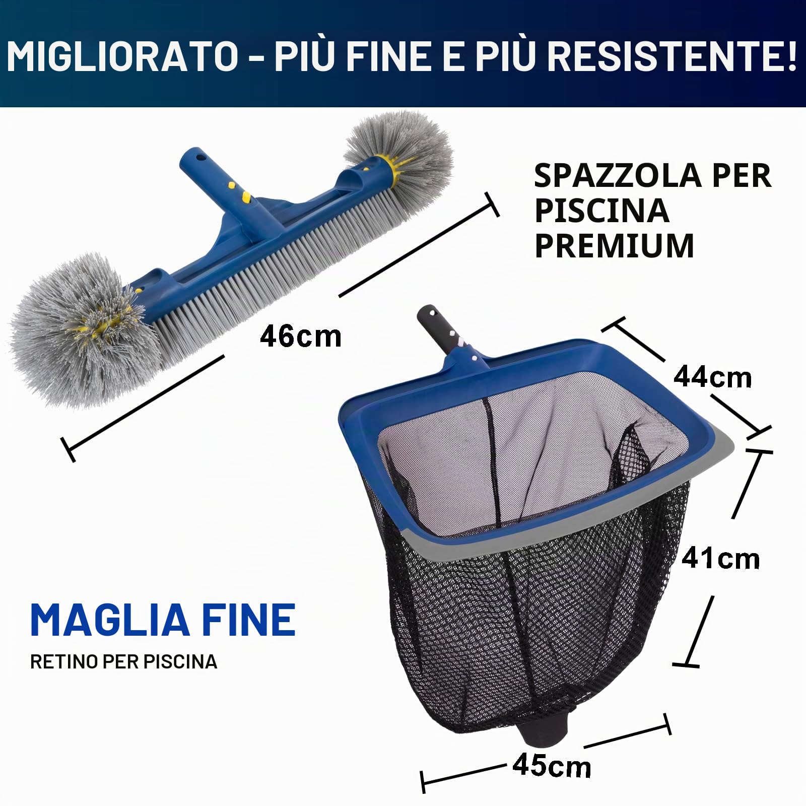 POOLAZA Set di pulizia per piscina, retino per piscina a maglia fine e spazzola per piscina con estremità rotonde per la pulizia, retino per piscina con struttura stabile e spazzola da 46 cm con