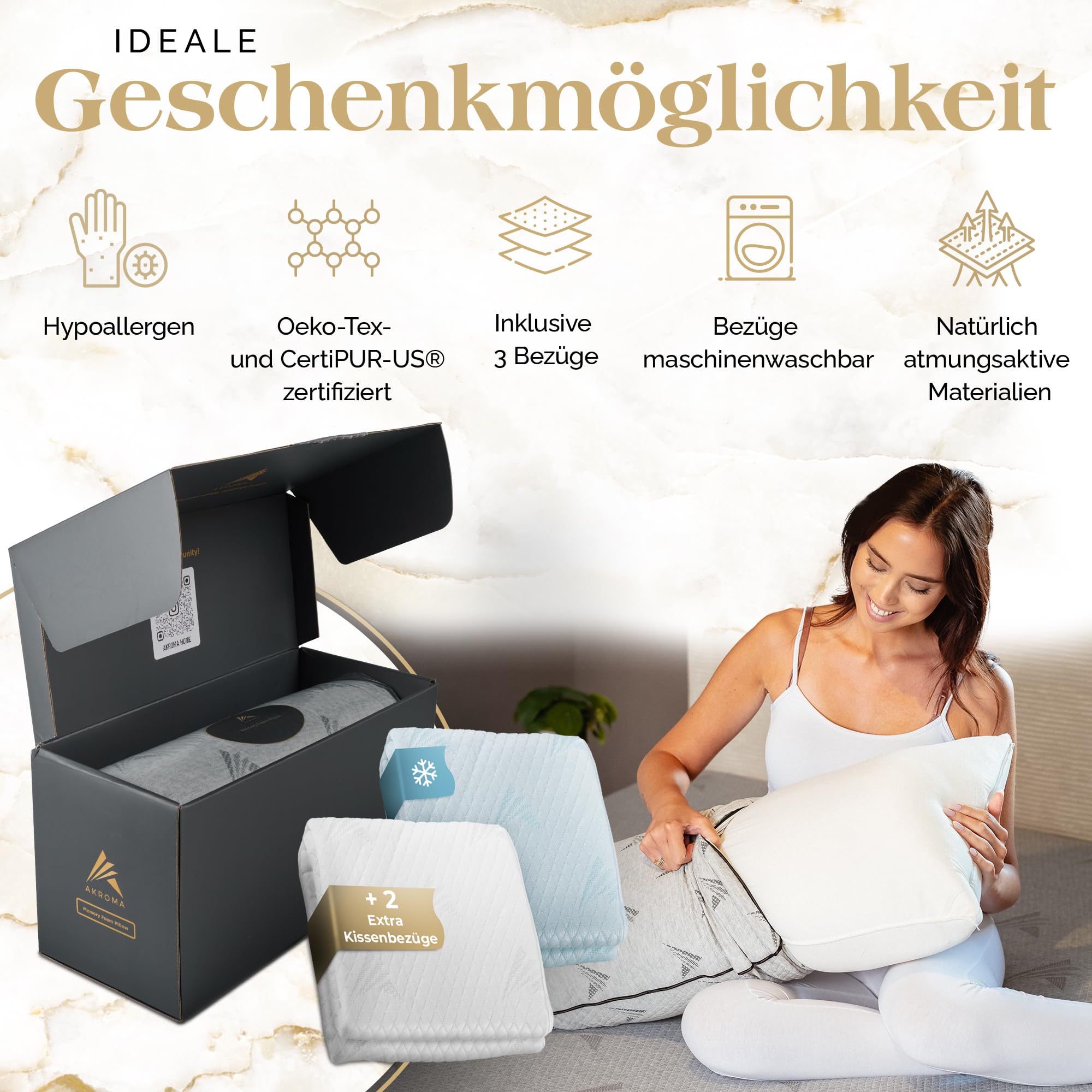 Akroma® 2er Set Memoryschaum Kissen 40×80cm - inkl. Wechselbezüge, ergonomisch, höhenverstellbar, für alle Schlafpositionen, atmungsaktiv, hypoallergen, Oeko-Tex Zertifiziert