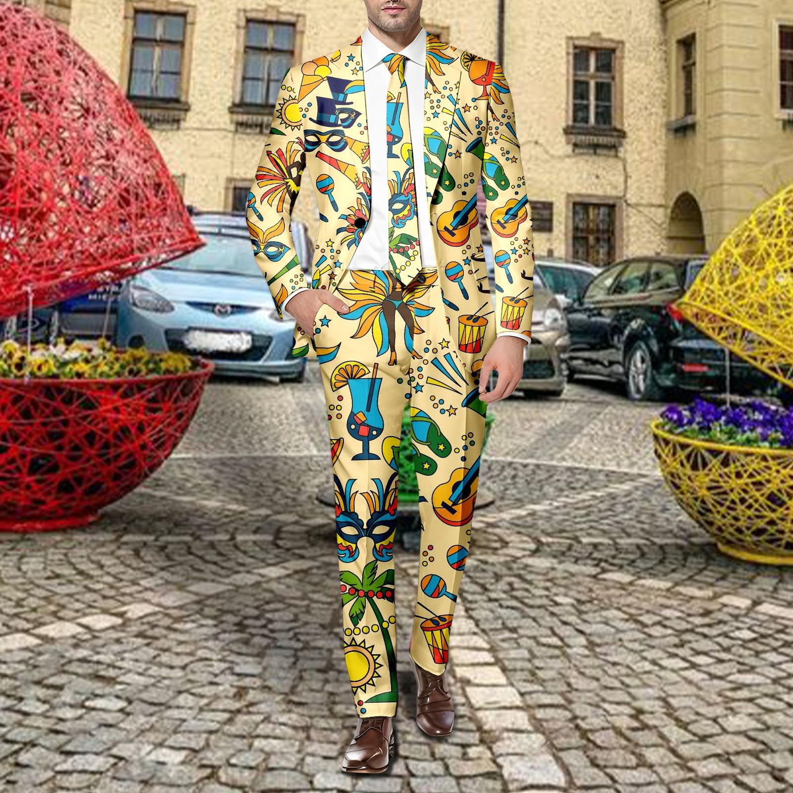 Party Fashion Anzug Herren Lustiger Graffiti Anzug Bunt Jackett und Hose Faschingskostüme Vintage Festliche EIN Knopf Sakko 60er Jahre Art Style Outfit Mardi Gras Karneval Kostüm