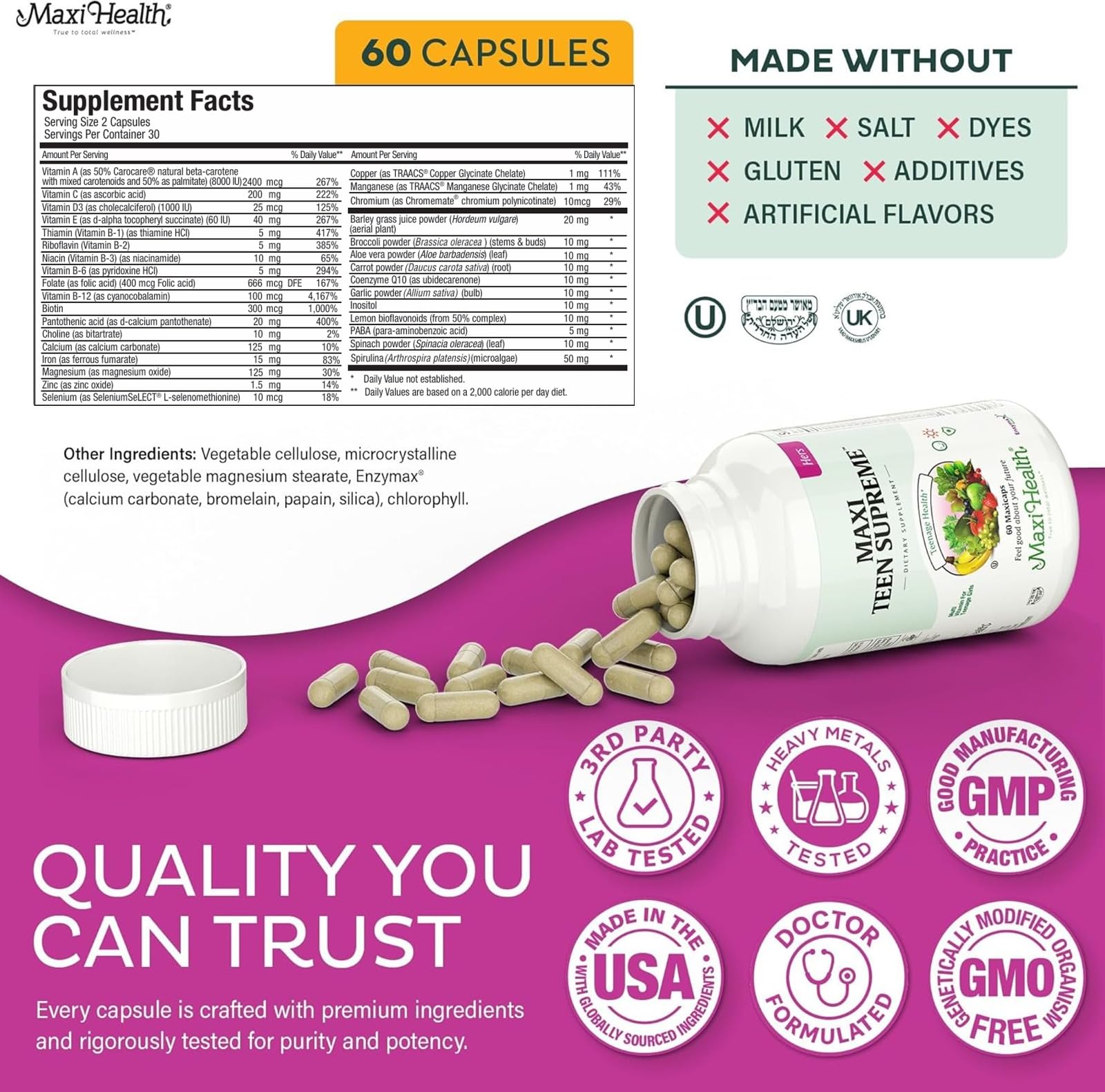Maxi Health® Teen Vitamins for Girls 12-17, Teen Multivitamin (60 Count) — Amazon image 6