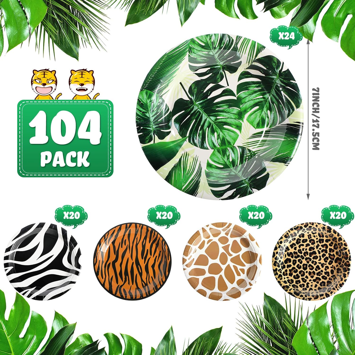 CHENGU Disposable Plates Zoo Animal Print Party Paper Plates Dessert Plates for Jungle Animal Theme Baby Shower Birthday Wedding Party Supplies (104 Pieces)