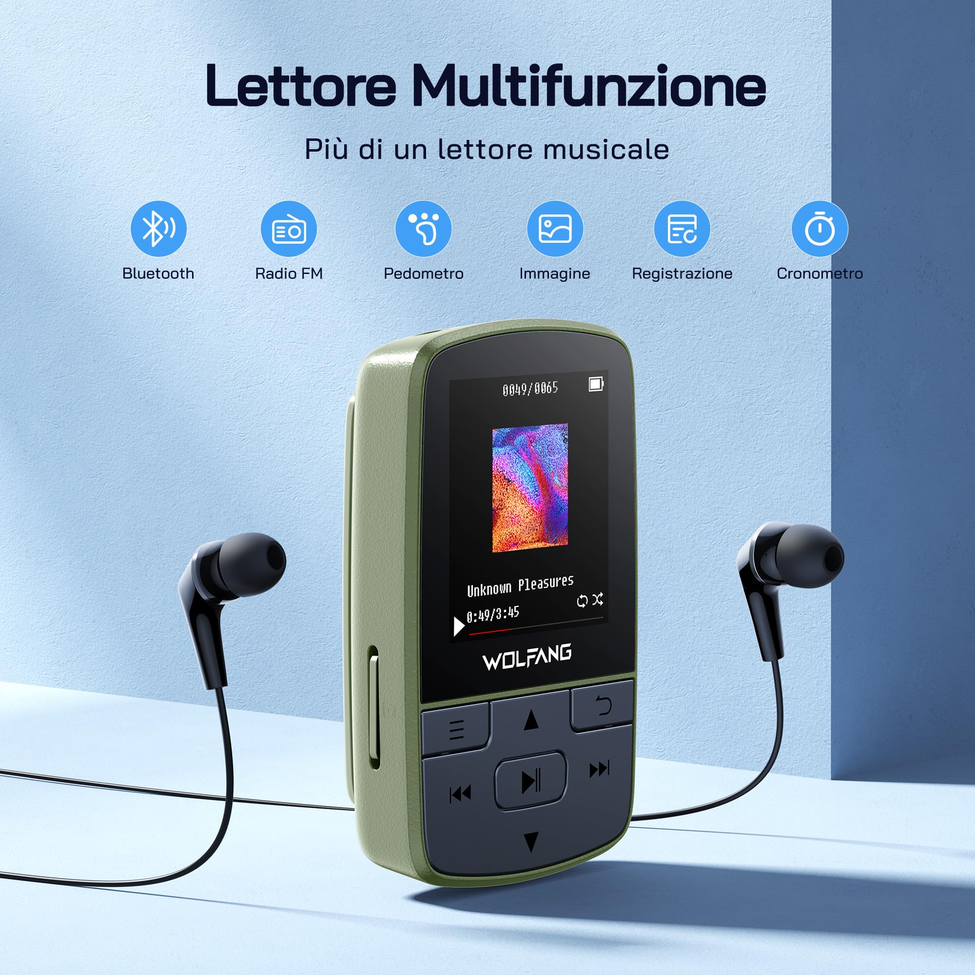 WOLFANG Lettore MP3 con Bluetooth 5.2, clip sportiva, formato mini, peso 28,3 g, HiF, registratore vocale, auricolari inclusi, Verde Militare