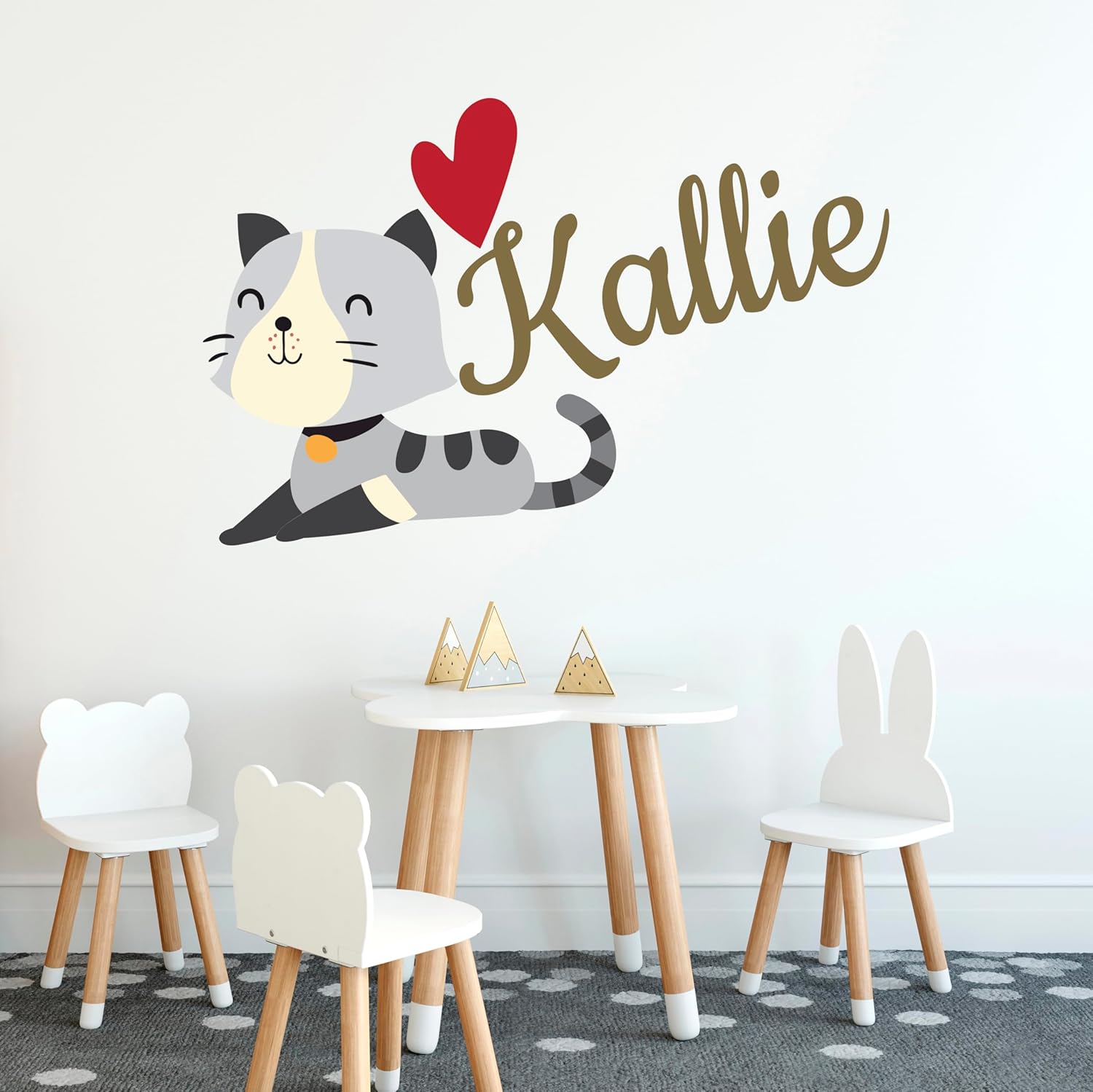 Custom Name Cute Cat Wall Decal - Personalized Kitty Wall Decor - Kitty Sticker Peel and Stick Removable - Cat Decal for Home Living Room or Bedroom Decoration (Wide 40"x27" Height)