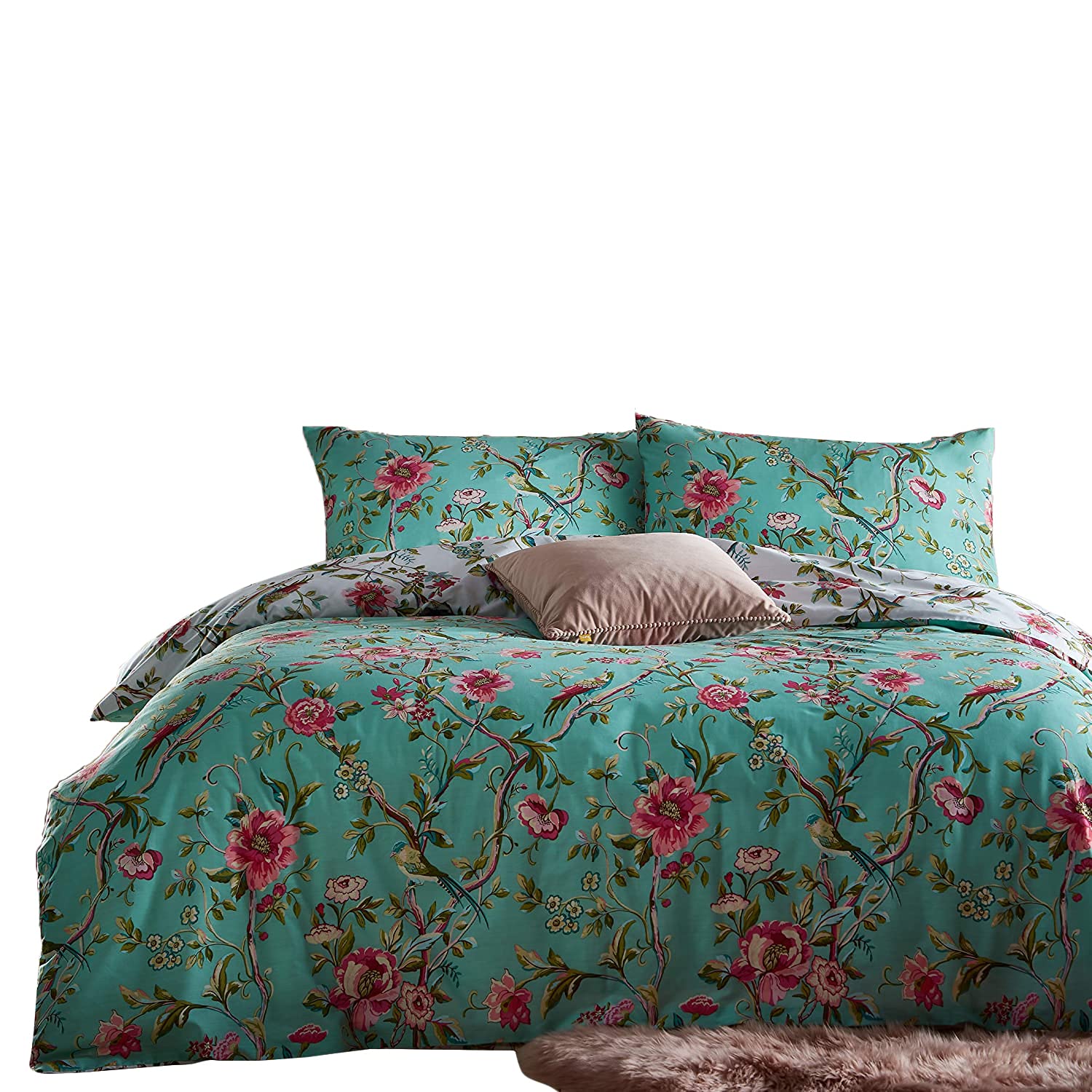 Furn Unisex Jade Vintage Chinoiserie Exotic Floral Duvet Cover Set In King