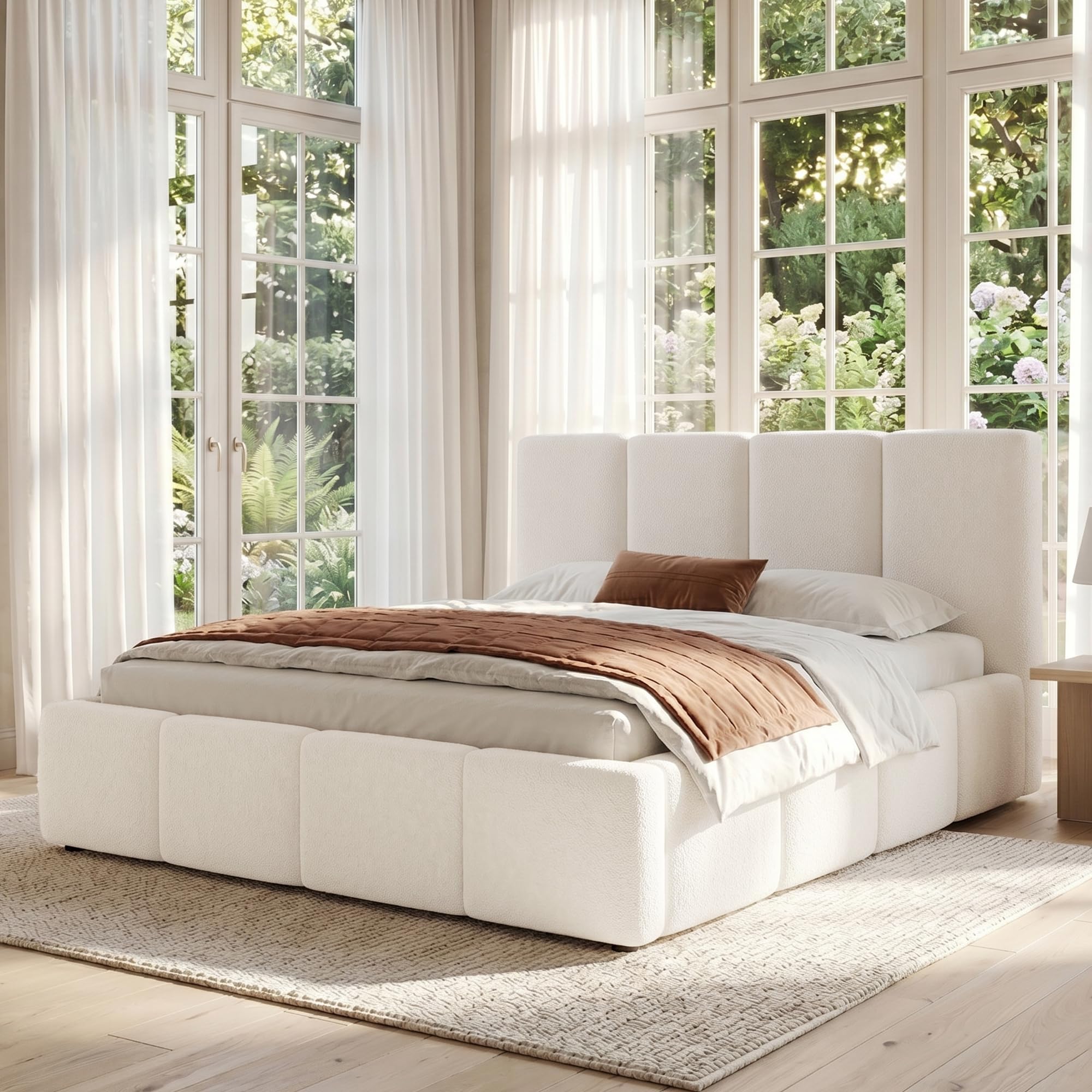 Letto imbottito160 x 200 cm, letto matrimoniale con rete a doghe, testiera, testiera imbottita, bouclé beige(Senza Materasso)