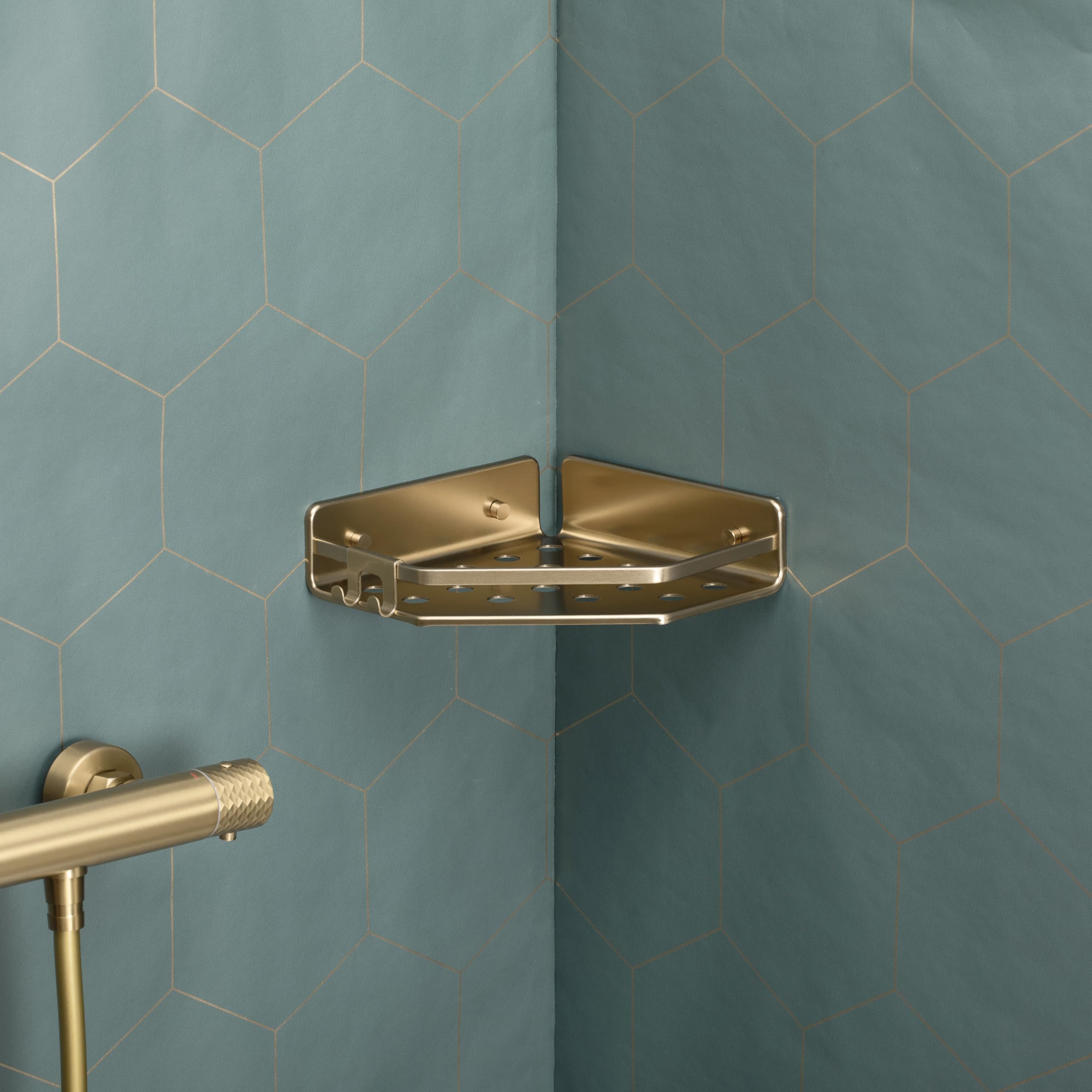 TATAY Shower Shelf No Drilling Corner Aluminium, Gold, 20x20x5.5 cm - Image 3