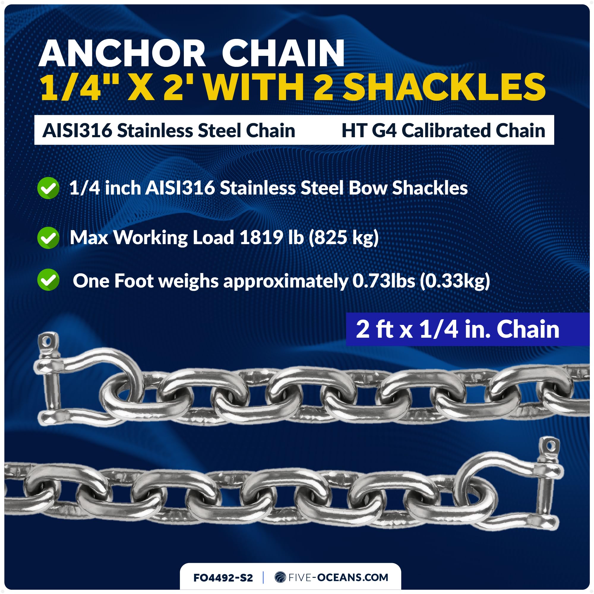 Five Oceans FO4492-S2 Marine Boat Anchor Lead Chain 1/4 inches x 2