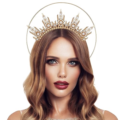 Gold Halo Crown Headpiece - Spiked Headwear Queen Headband Surburst Halo Crown Goddness Headpiece Halloween Cosplay Renaissance Costume Accessories