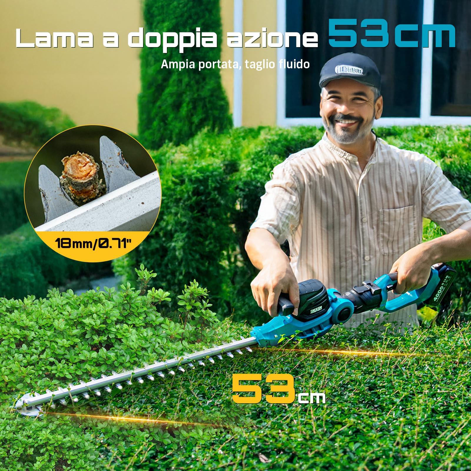 SEESII Tagliasiepi Telescopico a Batteria 2 in 1, Tagliasiepi a Batteria con Lama Doppia da 53 cm, Lunghezza Regolabile fino a 2,6 m, Taglio 18 mm, 2 Batterie 4,0Ah, per Siepi, Alberi e Arbusti