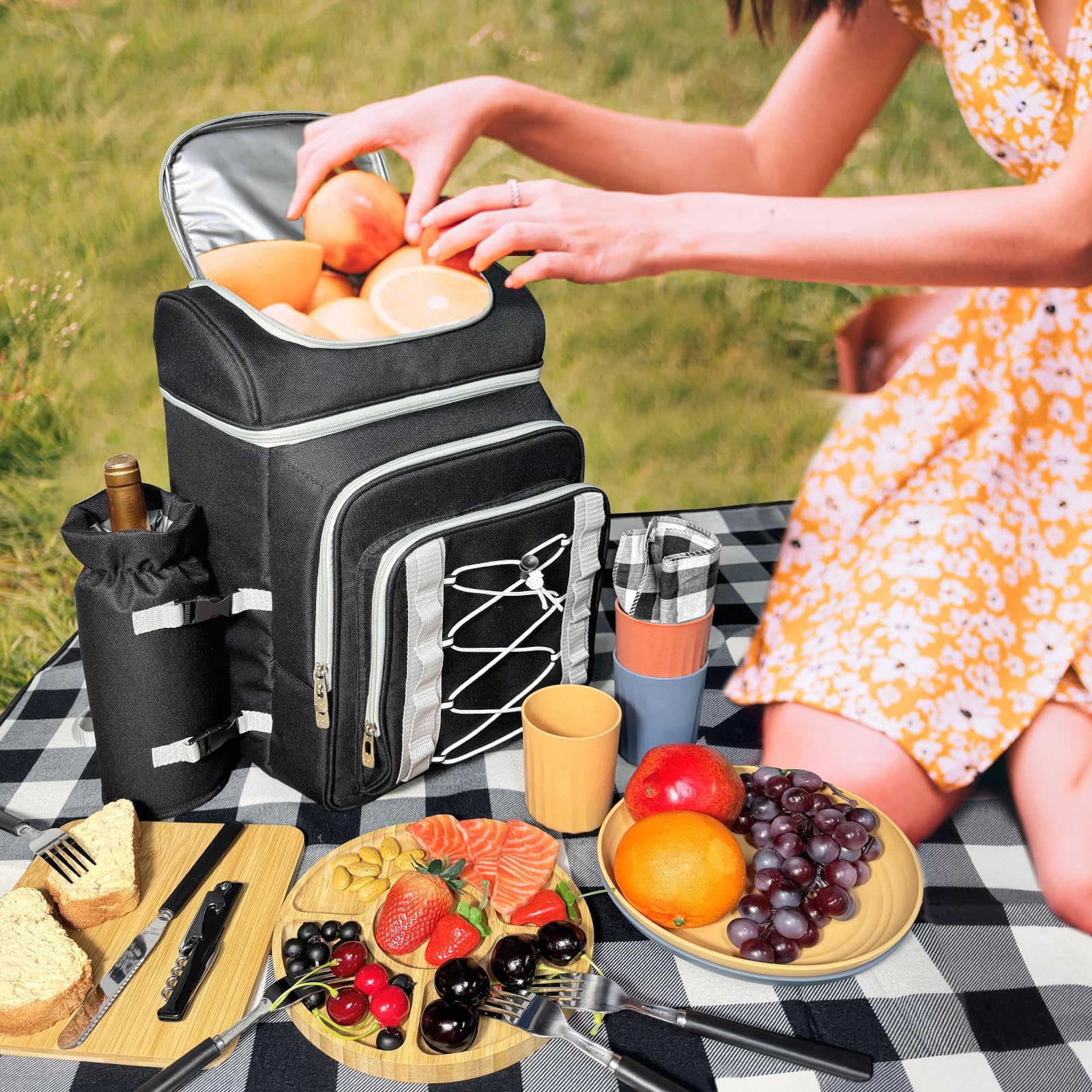 Hap Tim Picknickkorb Rucksack für 4 Personen mit Decke, Isoliertes Auslaufsicheres Kühlfach, Weinhalter, Besteckset, Verlobungsgeschenke für Paare, Weißer Elefant Geschenkideen, Schwarz (36221-DG)