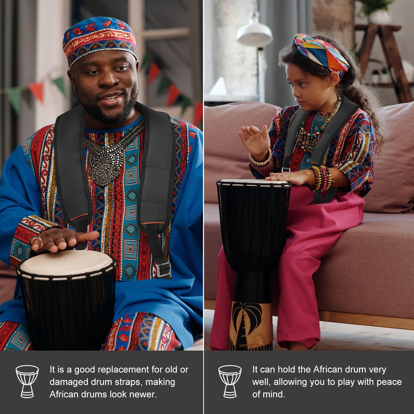 Alipis Correa Ajustable para Africano Esponja de Alta Densidad y Malla de Aire, Cinturón Protector para Cuello y Hombros, Accesorio para Instrumento Musical Negro