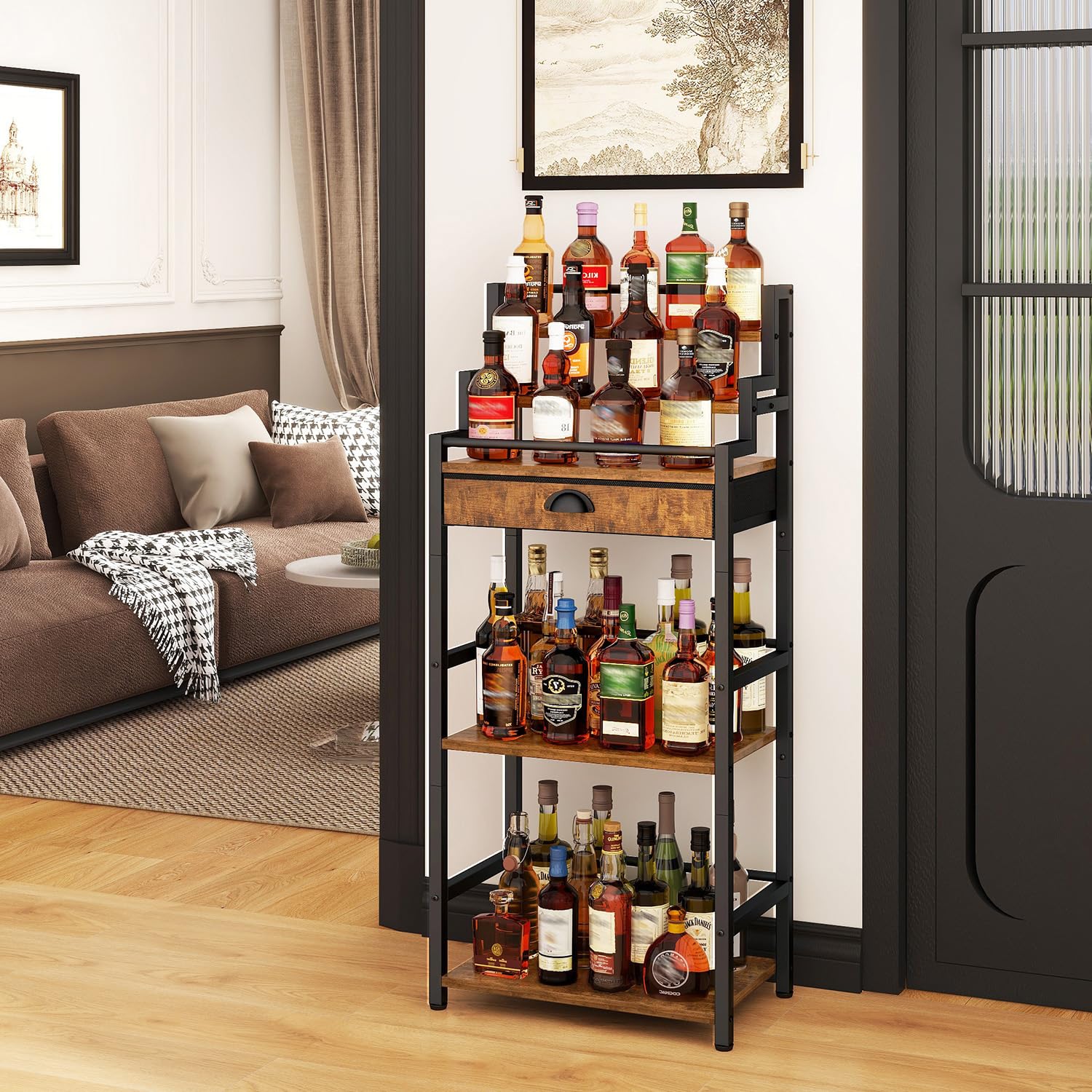 IBUYKE Range Bouteille Vin à Plusieurs Niveaux,Indépendant,Casier à vin avec tiroir pour Whisky, Étagère à Bouteilles de présentation pour Bar,Salon,Salle à Manger, Marron TMJ915H