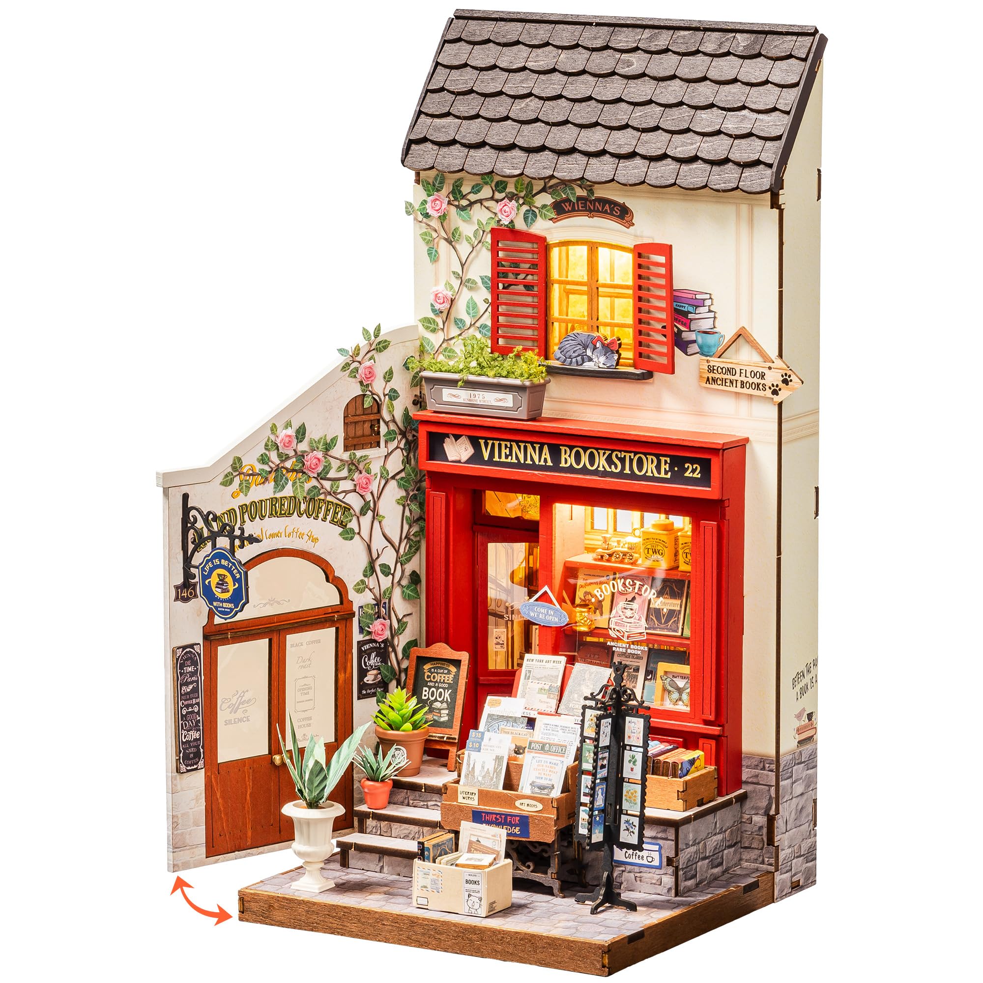 Rolife Miniature Casa Libreria Vienna, 290 pezzi Kit Casa in Miniatura DIY, Modellismo da Costruire Adulti Casa delle Bambole in Legno Puzzle 3D Nessun collante necessario