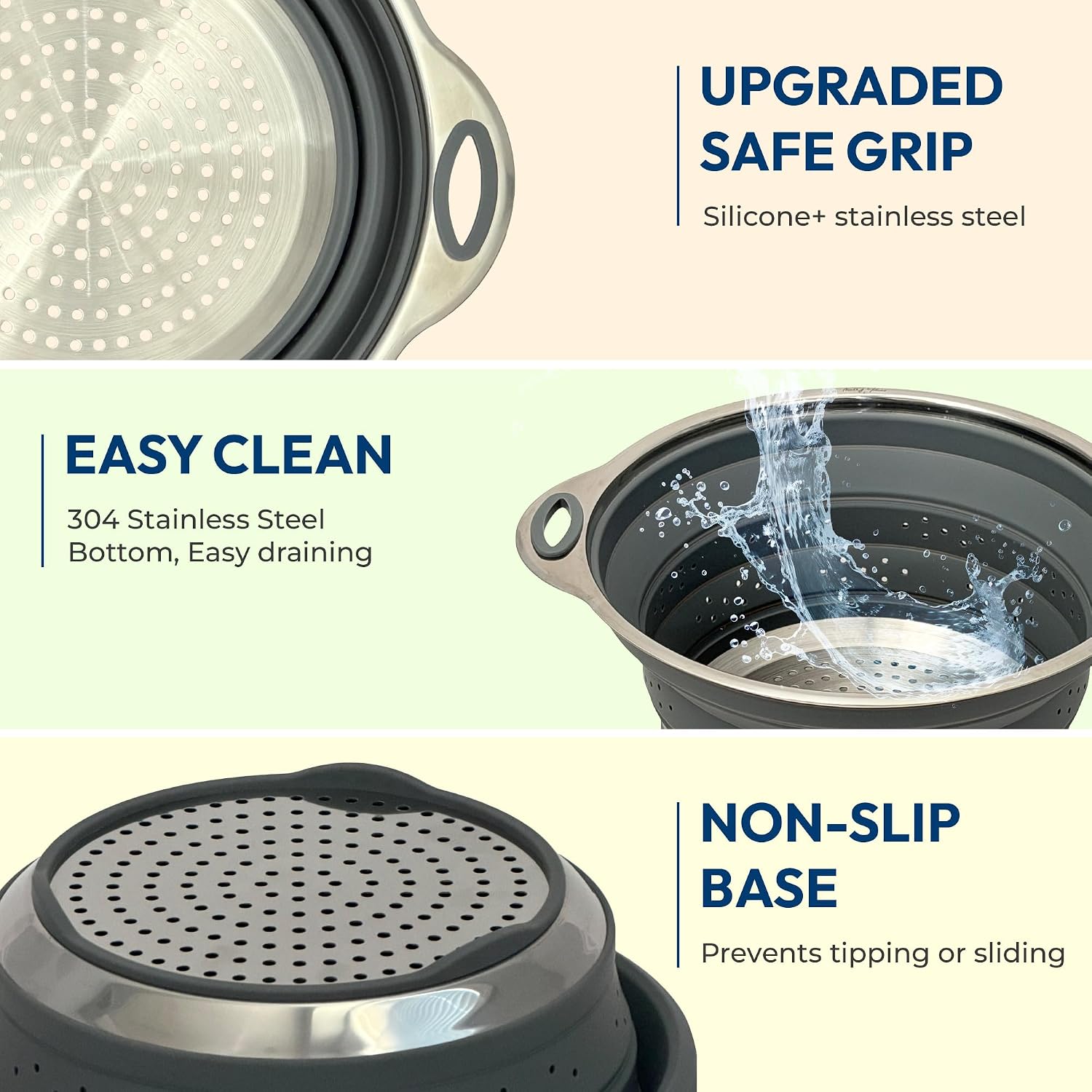 Collapsible Silicone & Steel Colander, Strainer, Large, Gray