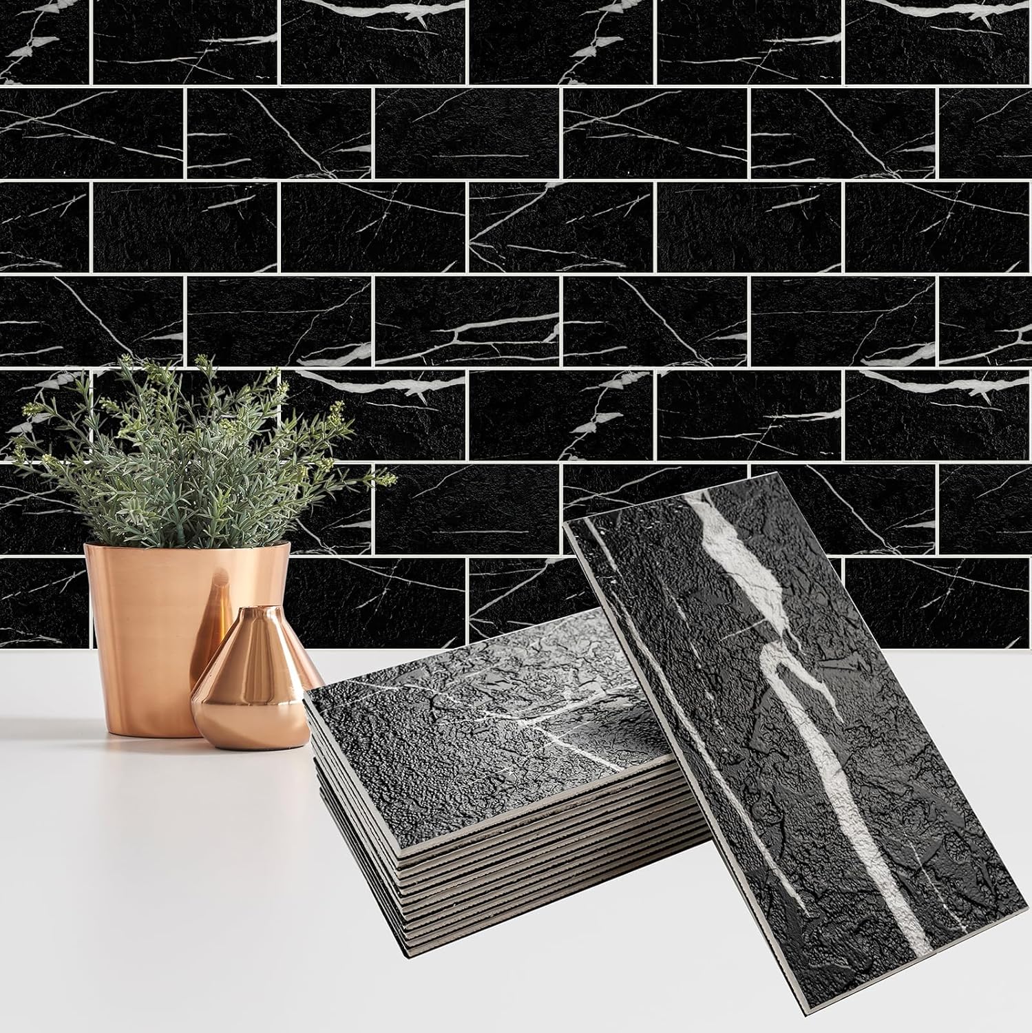 100 Pieces Peel and Stick Backsplash for Kitchen, 3″ x 6″ PVC Subway Tile Upgraded Nero Marquina with White Grout Backsplash Stick on Tile Elevate Kitchen, Bathroom, Fireplace,RV