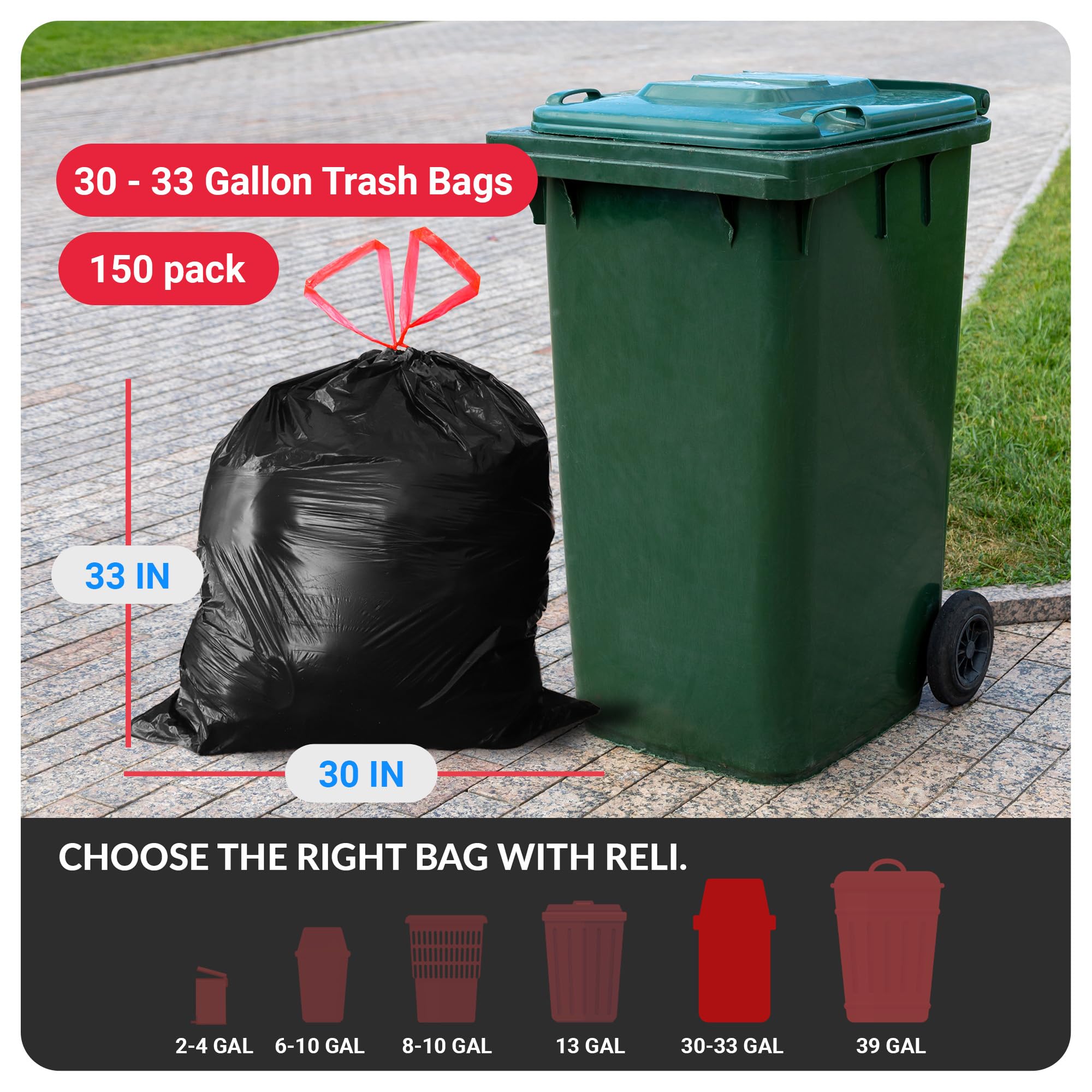 Reli. Bolsas de basura de 30 a 33 galones con cordón (150 unidades) grandes de 30 galones con cordón de cordón, bolsas de basura negras resistentes con cordón de 30 galones, 33 galones, capacidad de