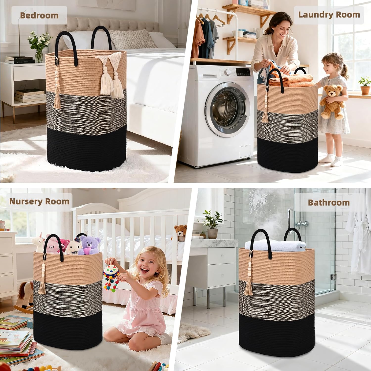 Woven Laundry Basket for Clothes, 65L Large Rectangle Laundry Hampers with Beads Tassel, Nursery Storage Basket for Toys, Tall Dirty Clothes Hamper for Bedroom Aesthetic, Laundry Room Organization - Image 5
