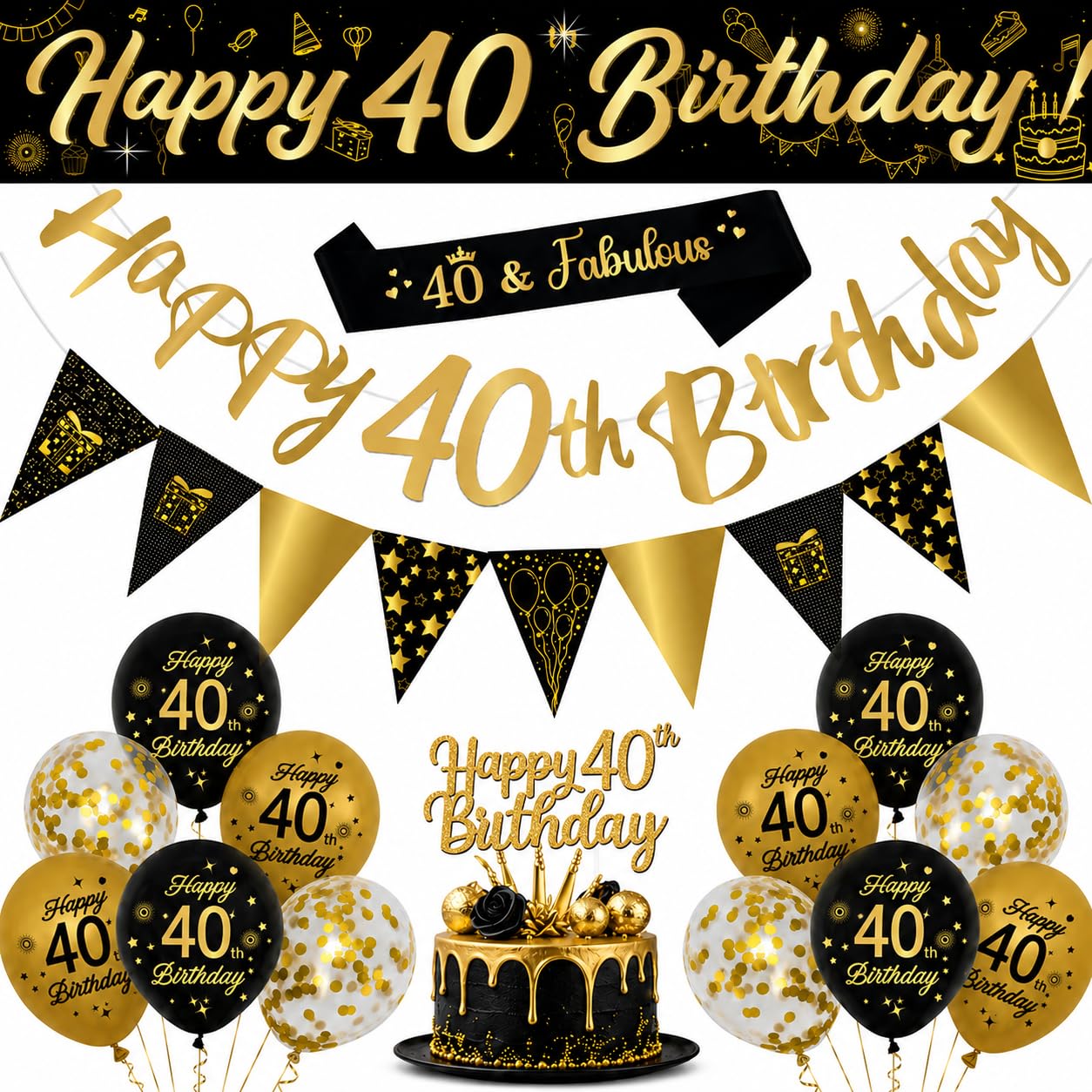Omrel Black & Gold 40th Birthday Decoration for Women - Happy 40th Birthday Banner, Triangle Flag Banner, Number 40th Birthday Balloons for Party Decorations