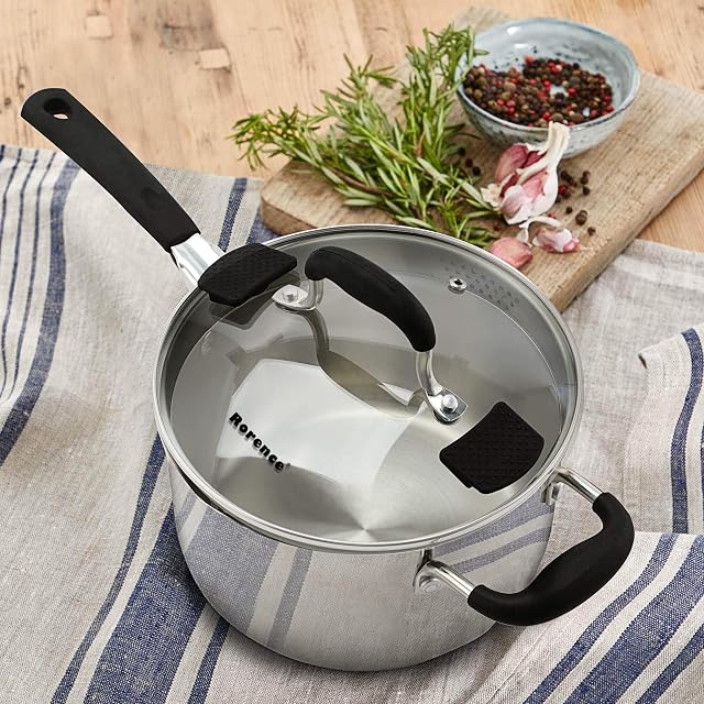 Rorence 3.7 Quart Saucepan with Glass Lid: Stainless Steel Sauce Pan with Two Sides Pour Spout & Riveted Silicone Handles & Build-in Strainer Tempered Glass Cover