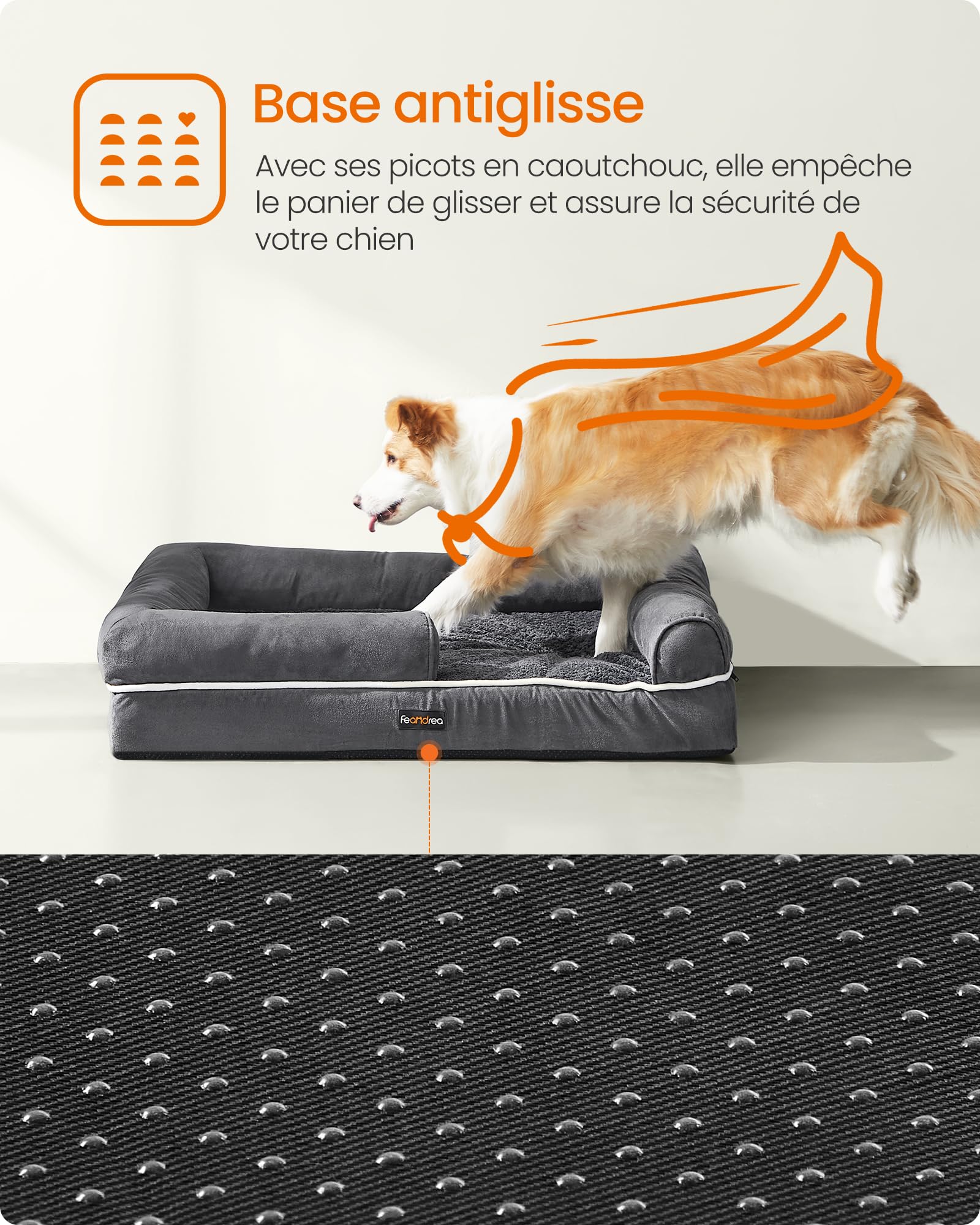 Feandrea Panier pour Chien Orthopédique, Canapé, Lit pour Animaux, Rembourrage Moelleux, Bords Rehaussés, Housse Amovible et Lavable, 91 x 63 x 18 cm, Antidérapant, Gris Foncé PGW076G01V1