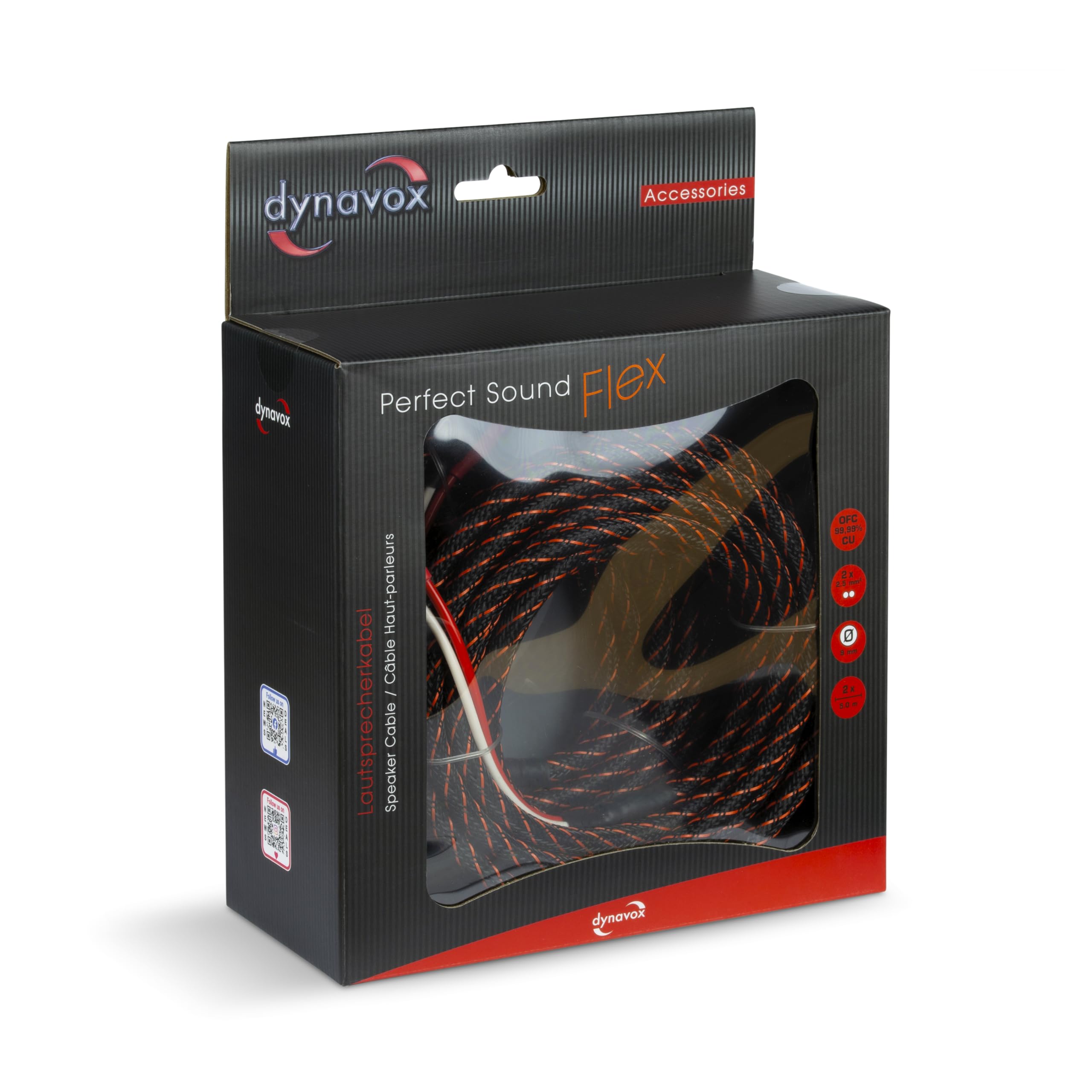 Dynavox Perfect Sound Flex kabel głośnikowy, konfekcjonowany, bardzo elastyczny, kabel HiFi z pozłacanymi wtykami bananowymi, transmisja sygnału, wysoka czystość miedzi OFC, para, długość 5 m