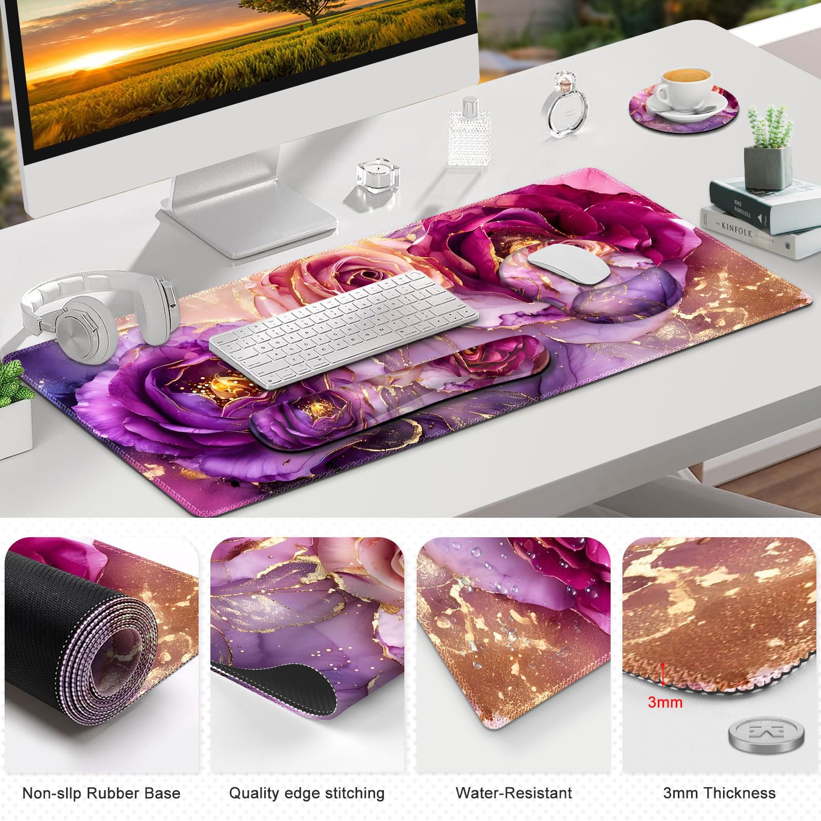 Purple Marble Mouse Pad & Wrist Rest Set - Ergonomic Comfort -8 Purple Marble Mouse Pad & Wrist Rest Set - Ergonomic Comfort -8