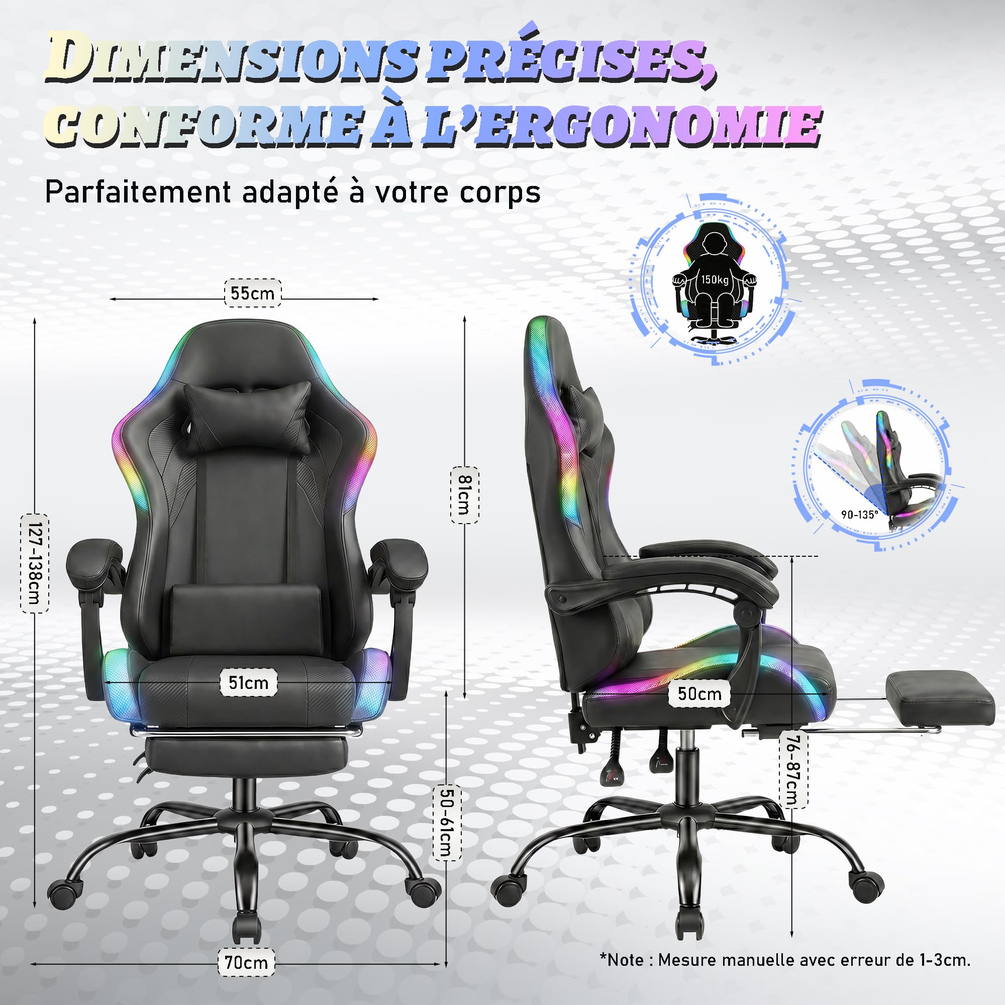 Devoko Chaise Gaming Ergonomique avec LED RGB, Massage Lombaire & Repose-Pieds – Fauteuil Gamer avec Appui-tête réglable – Dossier inclinable & Hauteur Ajustable – 180 kg,Noir
