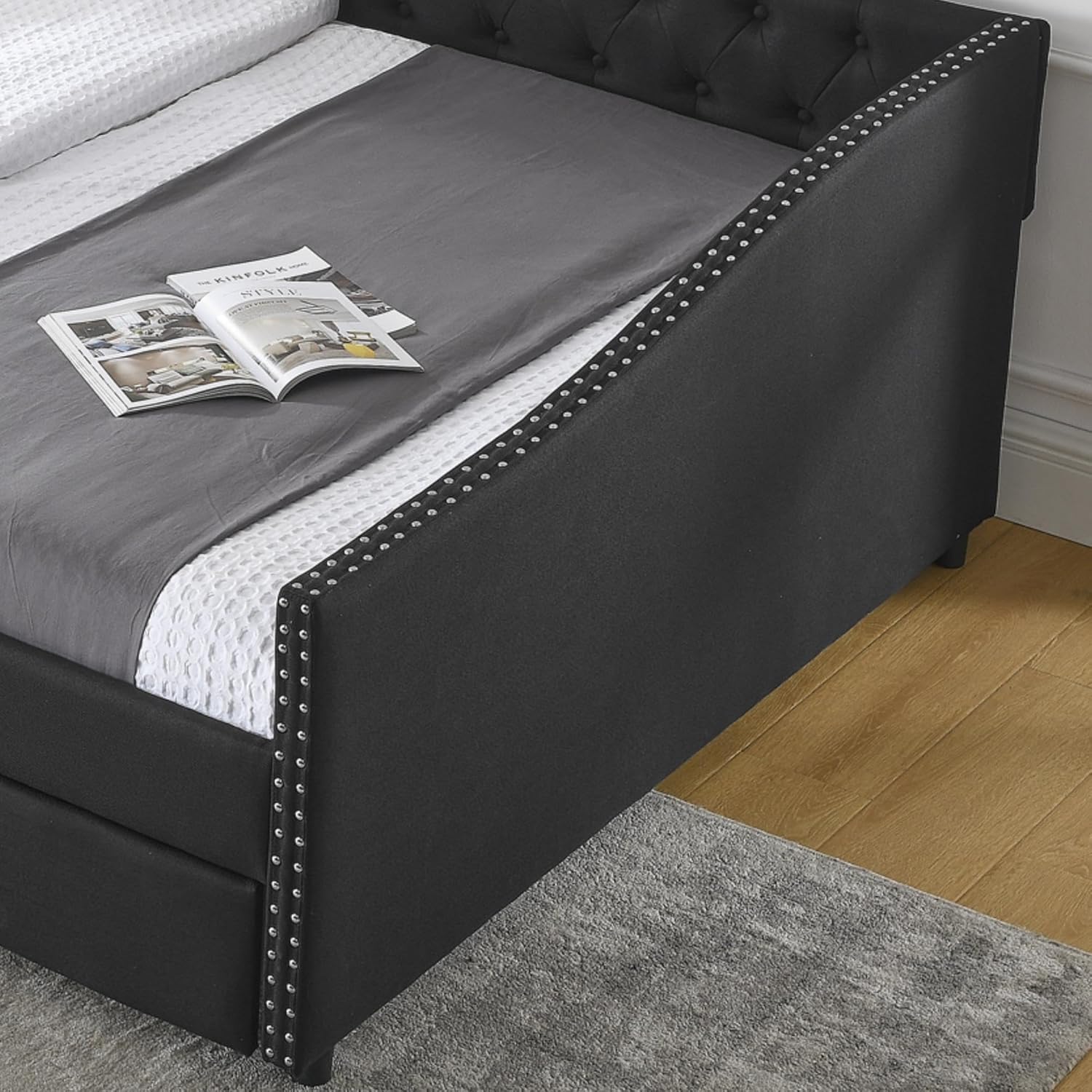 Linuque Upholstered Queen Size Daybed with 2 Storage Drawers, Solid Wood Sofa Bed Frame with Button Tufted Backrest and Waved Shape Armrests with Copper Nail, Black