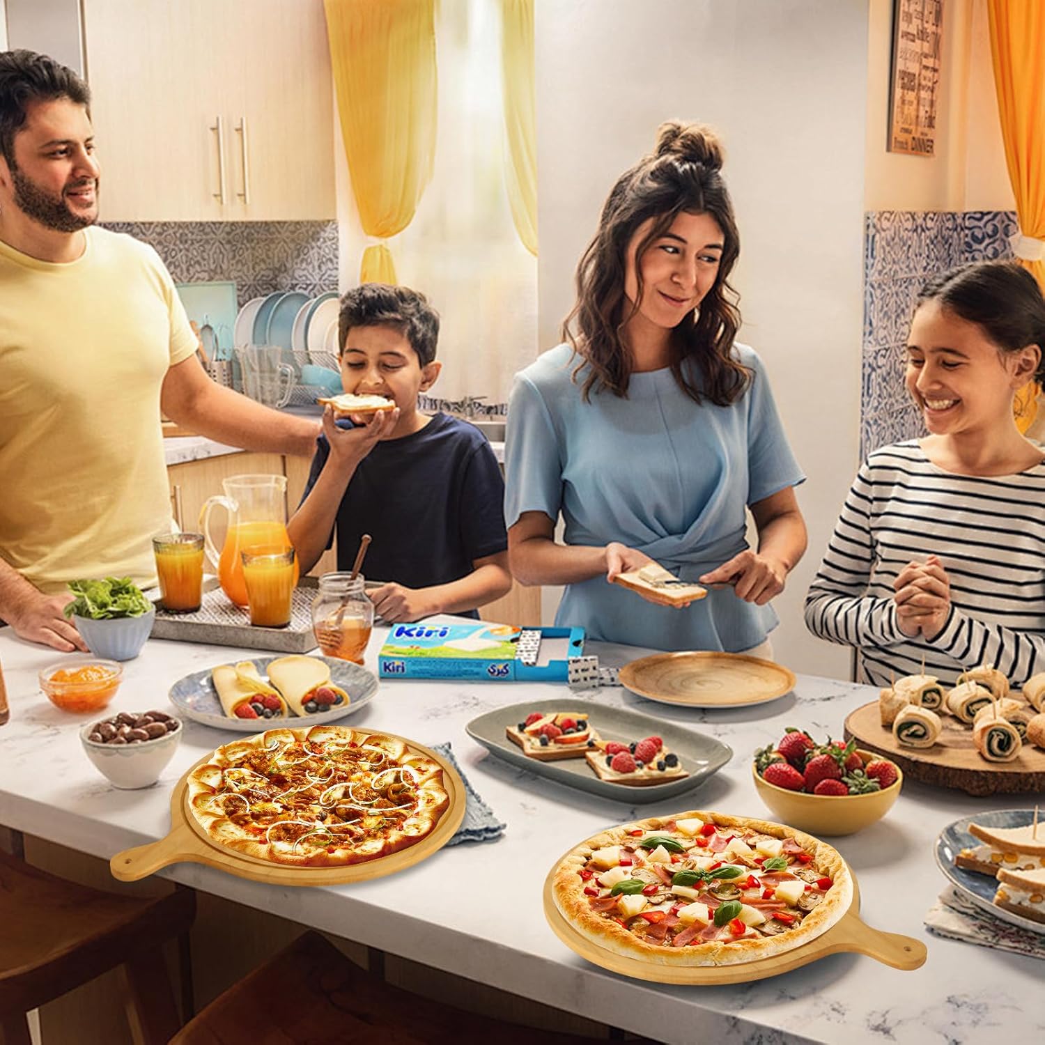 SHUESS 5 Pcs Round Wood Cutting Board 12 Inch Wooden Serving Board with Handle Kitchen Chopping Boards for Pizza, Bread, Cheese, Charcuterie, Fruit, Vegetables (Bamboo)