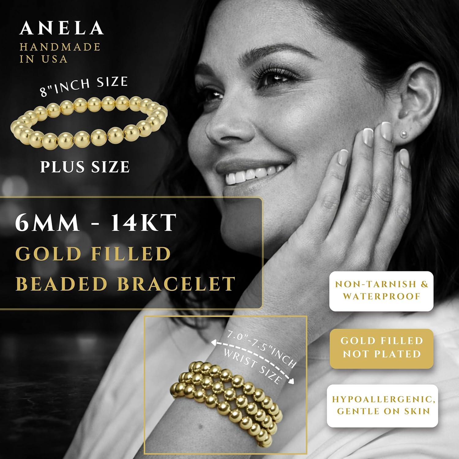 Anela 14k Gold Filled Beaded Bracelet for Women | 6mm Gold Beaded Bracelet | Stackable Gold Stretch Bracelets, Waterproof, Non Tarnish Gold Bead Bracelet for Women Gifts, Handmade in USA