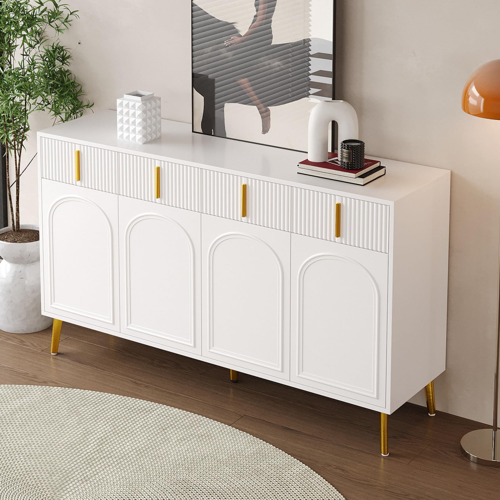 Sideboard mit 4 Türen, Modern Kommode mit 4 Schubladen, Schubladenschrank mit Griff und Beine, Küchenschrank für Flur, Schlafzimmer, Wohnzimmer, Geschwungenes Design, 140x38x82cm, Weiß