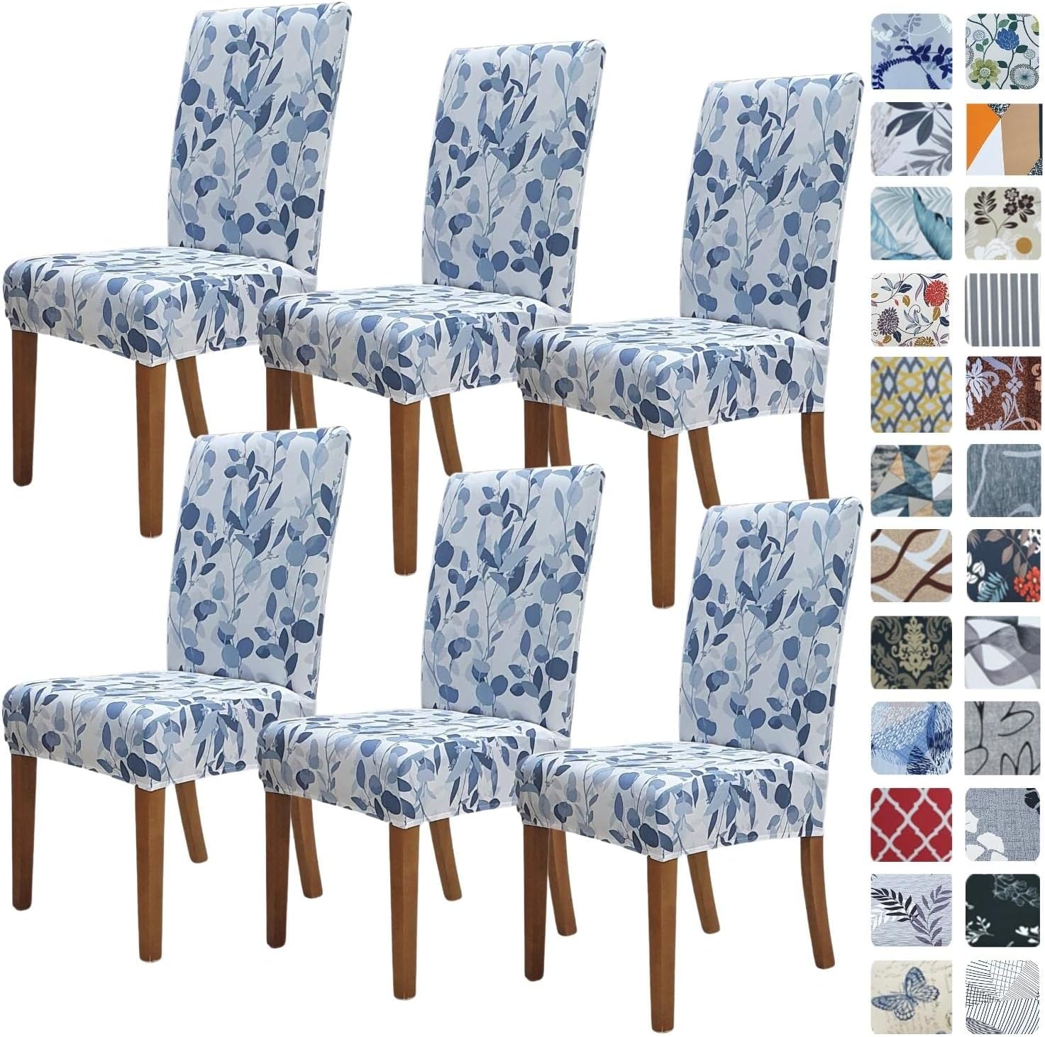 SPRINGRICO Chair Covers for Dining Room 6 Pack, Stretch Dining Chair Cover, Washable Spandex Kitchen Parsons Chair Slipcovers, Removable Seat Protector for Home or Party (Set of 6, Leaves Bay)