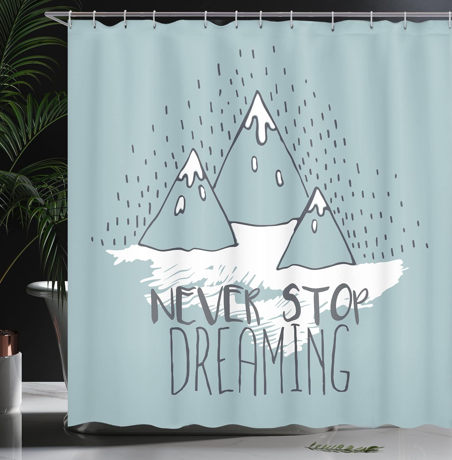 Ambesonne Saying Shower Curtain, Mountain Peaks Never Stop Dreaming Goal Success Aspiration Print, Cloth Fabric Bathroom Decor Set with Hooks, 69" W x 70" L, Pale Green White image 3