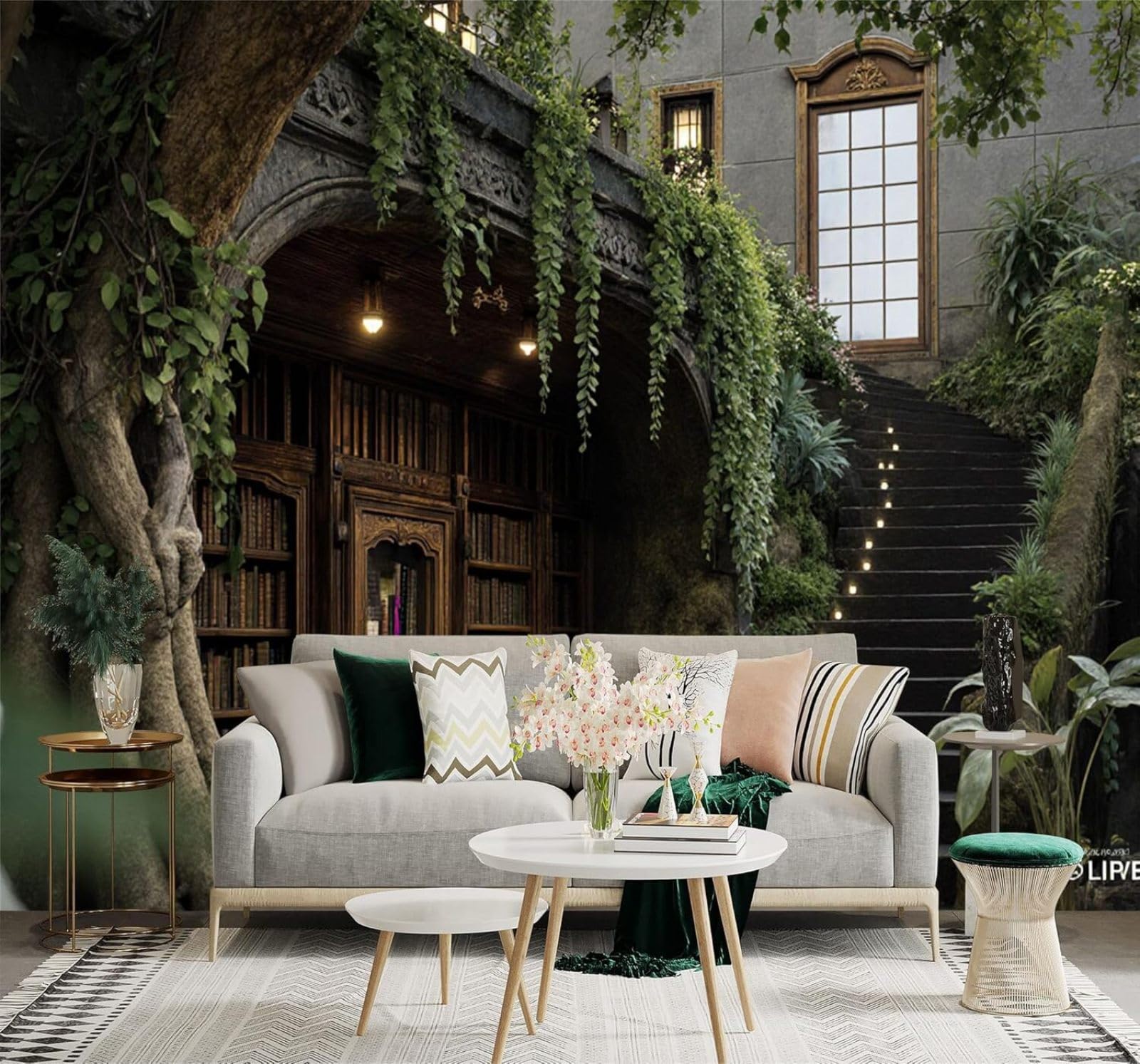 Xlming 400Cm×280Cm(B×H) Vintage Library Wooden Bookshelves Stone Steps Lush Greenery 3D Wallpaper Silky Texture Home Study Office Grey Dining Room Sofa Bedroom Living Room Tv Backdrop-400Cm×280Cm