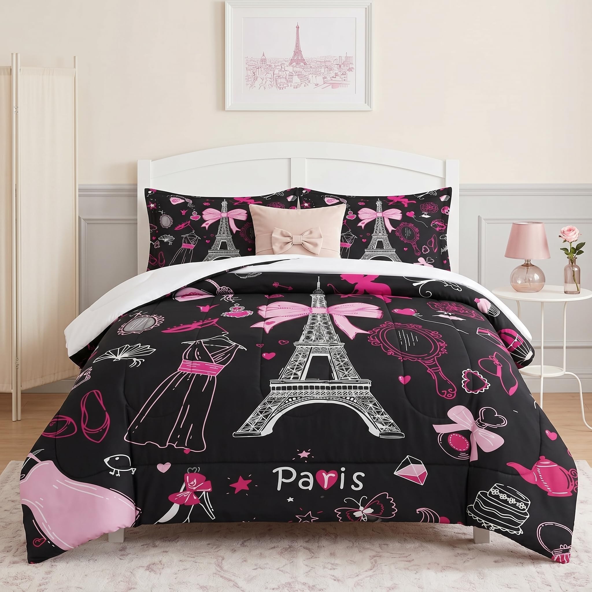 WeCozy Twin Size Comforter Set with Pillowcase, Paris Eiffel Tower 2 Pcs Bedding for Kids and Adults, Cute Pink Makeup Fashion Dress Soft Comforter Set for Bedroom Bed Decor