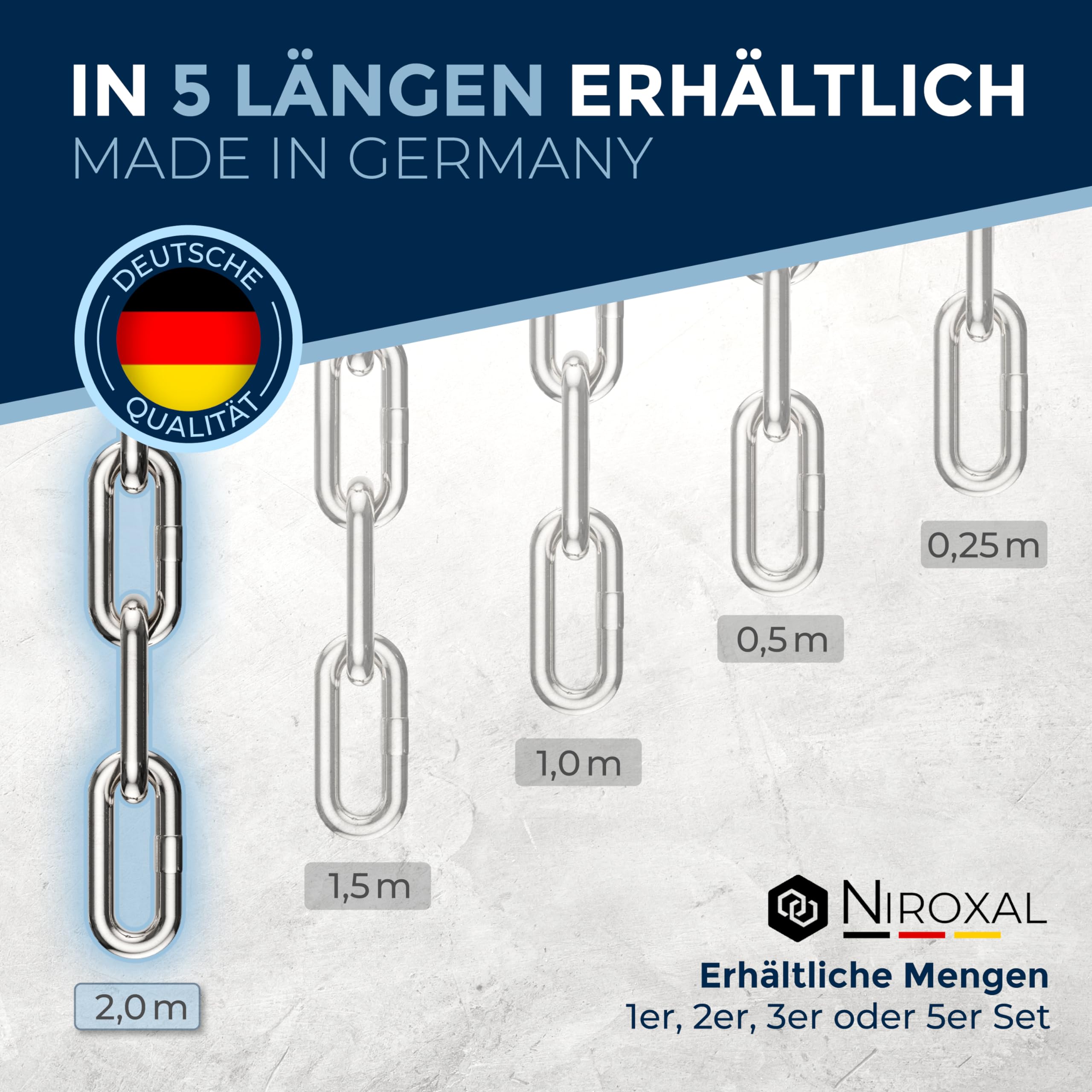 Przedłużenie łańcucha ze stali nierdzewnej V4A (A4) 5 mm – 2 m – 5 łańcuchy – 10 łączników śrubowych i 10 szekli – udźwig do 900 kg