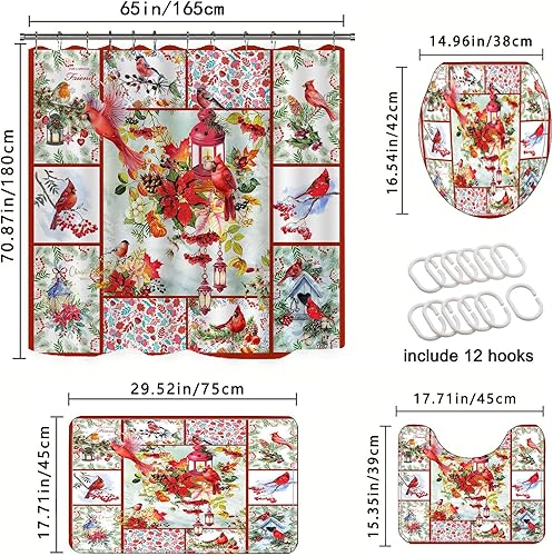 Miniatura 7 de Juego de 4 cortinas de ducha de pájaros cardenales rojos con alfombras, cubierta de tapa de inodoro, cortina de ducha de Navidad con 12 ganchos,