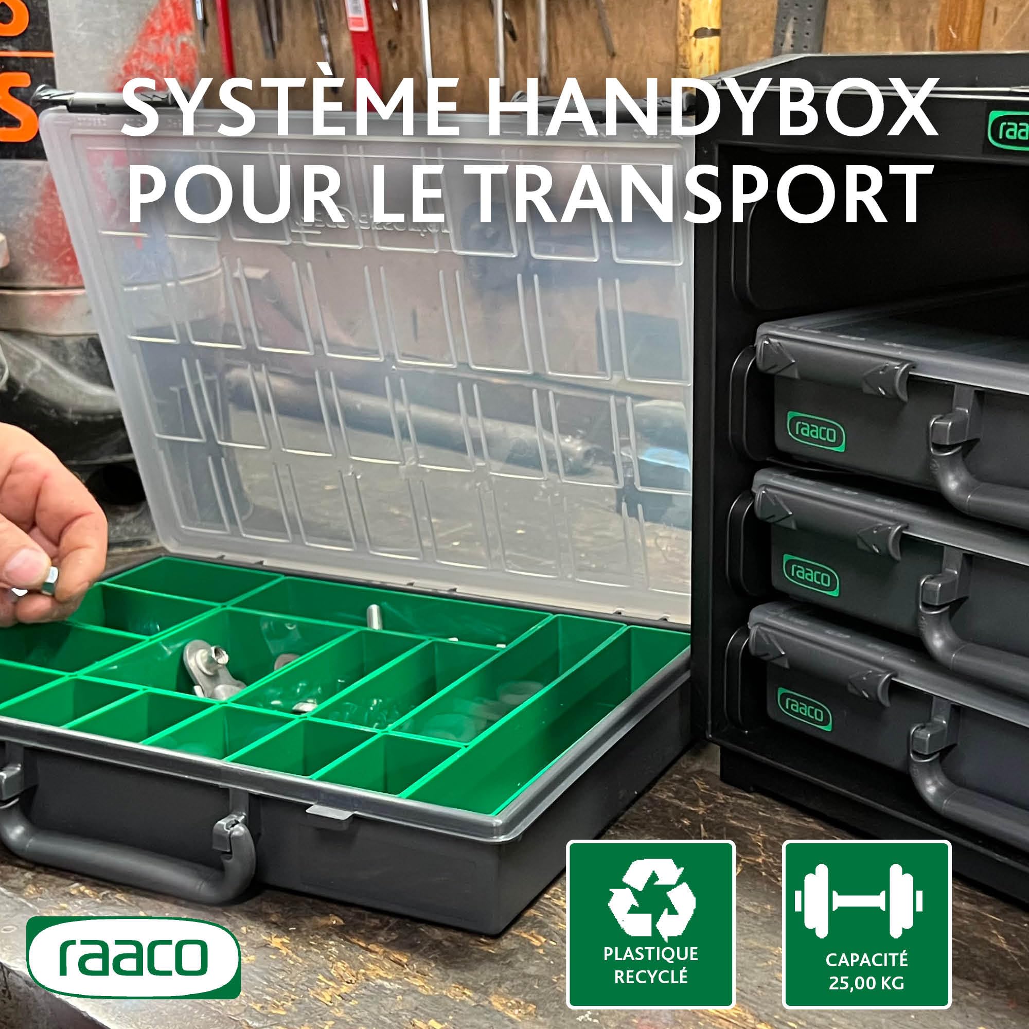 Raaco HandyBox 55x4, Ensemble de 4 Boîtes de Rangement Premium, module | Ensemble de 4 Boîtes de Rangement Premium pour Atelier, pour Visserie et Outils, Capacité de 25 kg, Empilable